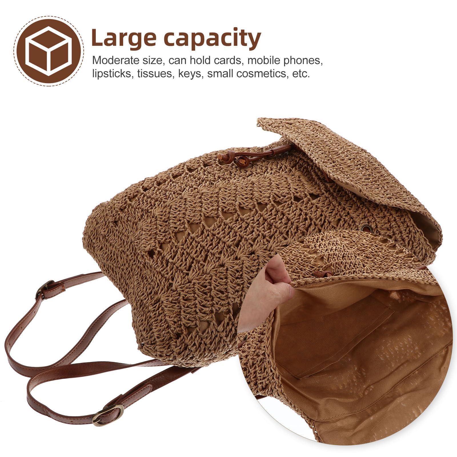 HOMSFOU Bolso de Paja Tejido Ligero de Hombro y Mochila Dos en Uno, Color Marrón Claro, Bolsa de Playa de Verano para Mujer, Mochila de Almacenamiento Resistente para Uso Diario