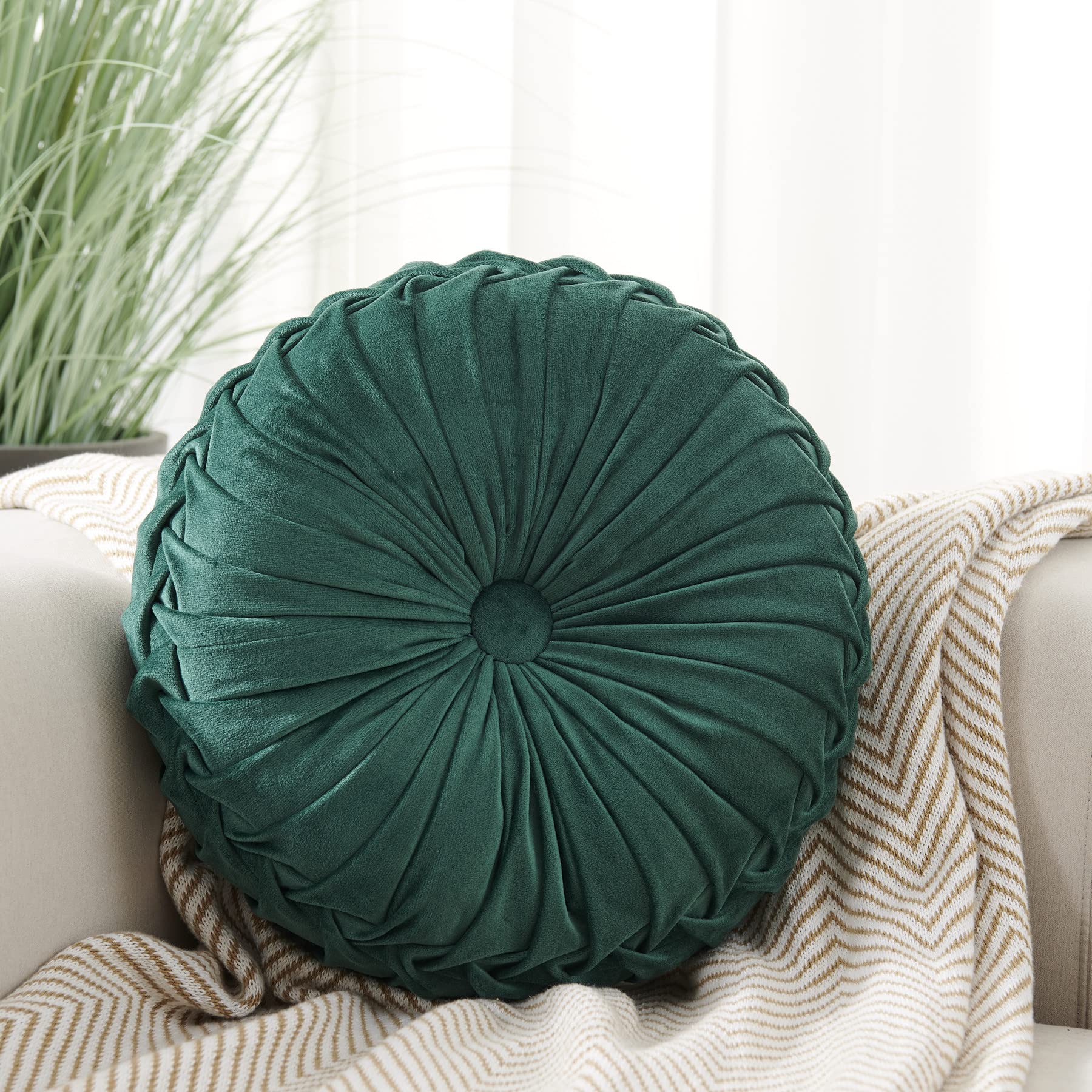 Cuscino Rotondo per Divano Decorativo 15 "X15 Cuscino Rotondo in Velluto di Zucca per DLivano letto Sedia Pavimento Auto Decorativo (Verde scuro)