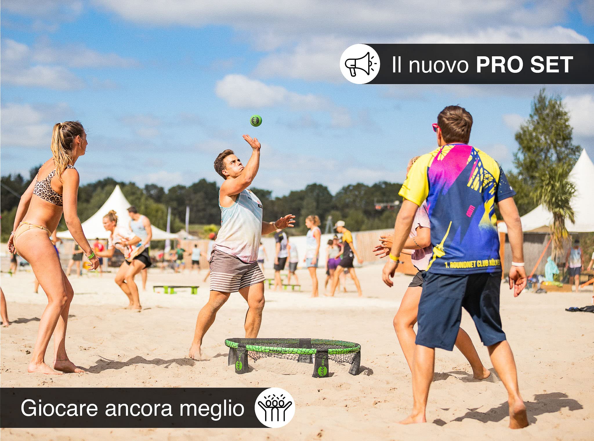 Roundnet Pro Set (Turnier Edition) con 3 palline di nuova concezione, zaino impermeabile, rete migliorata, parti rinforzate del telaio e pompa per palloni