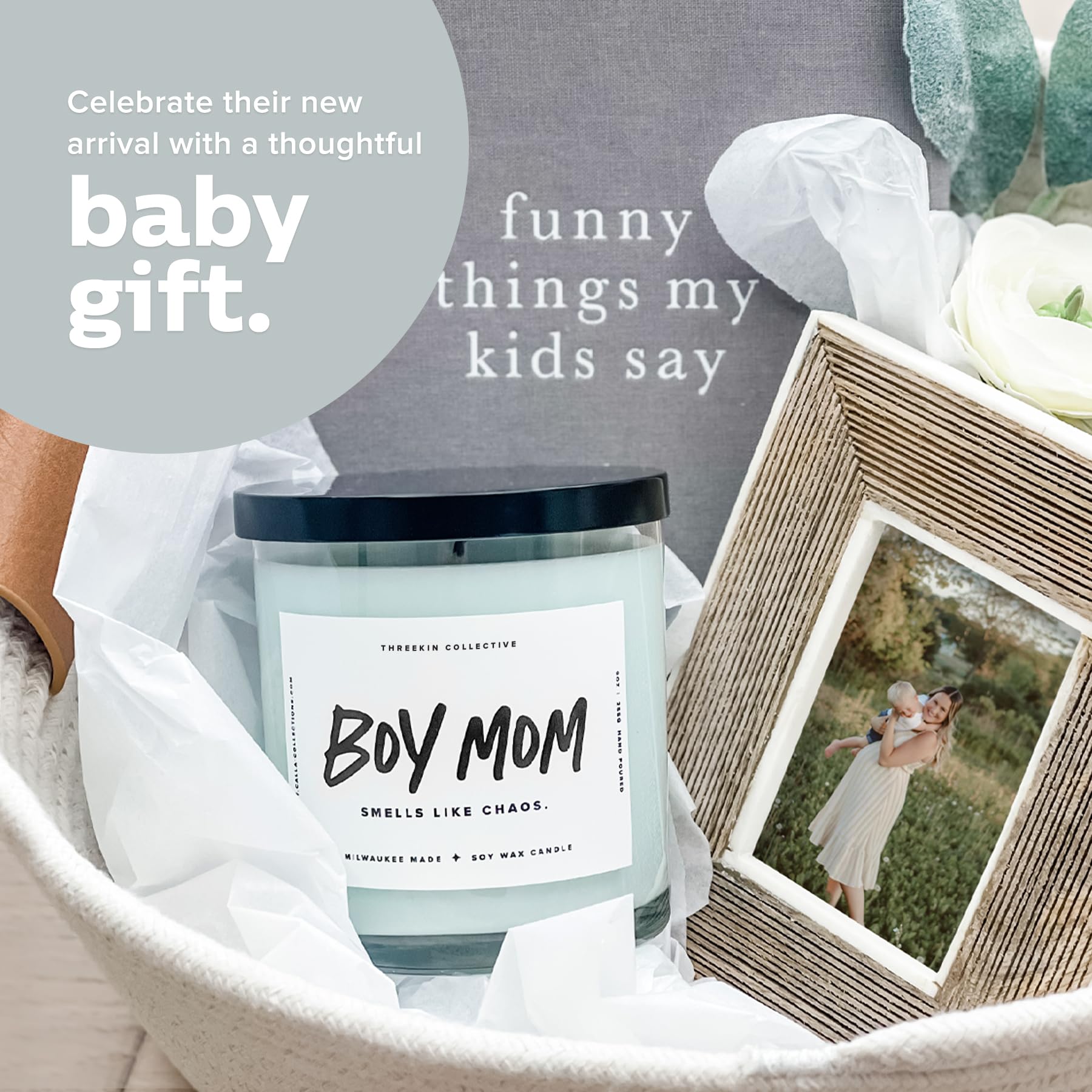 ThreeKin - Velas perfumadas para niño y mamá, velas de cera de soja natural para el hogar, aromaterapia relajante para mamás, aceites esenciales de madera flotante con un toque de caos, velas de larga