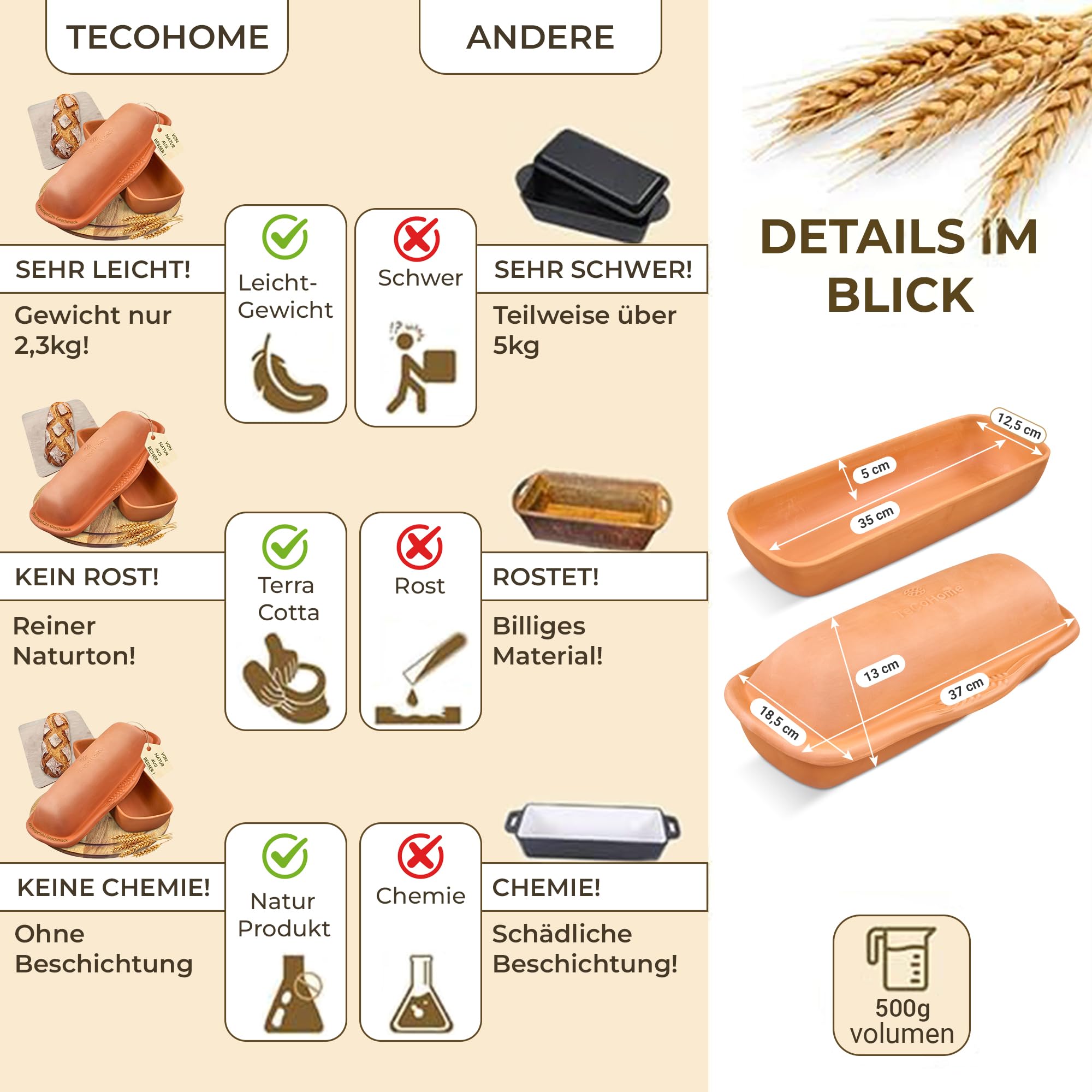Brotbackform mit Deckel aus Naturton – Brotbacktopf & Brottopf zum Brot backen | Tontopf mit Deckel für knuspriges Brot wie vom Bäcker | Keramik Kastenform rechteckig für perfekte Backergebnisse