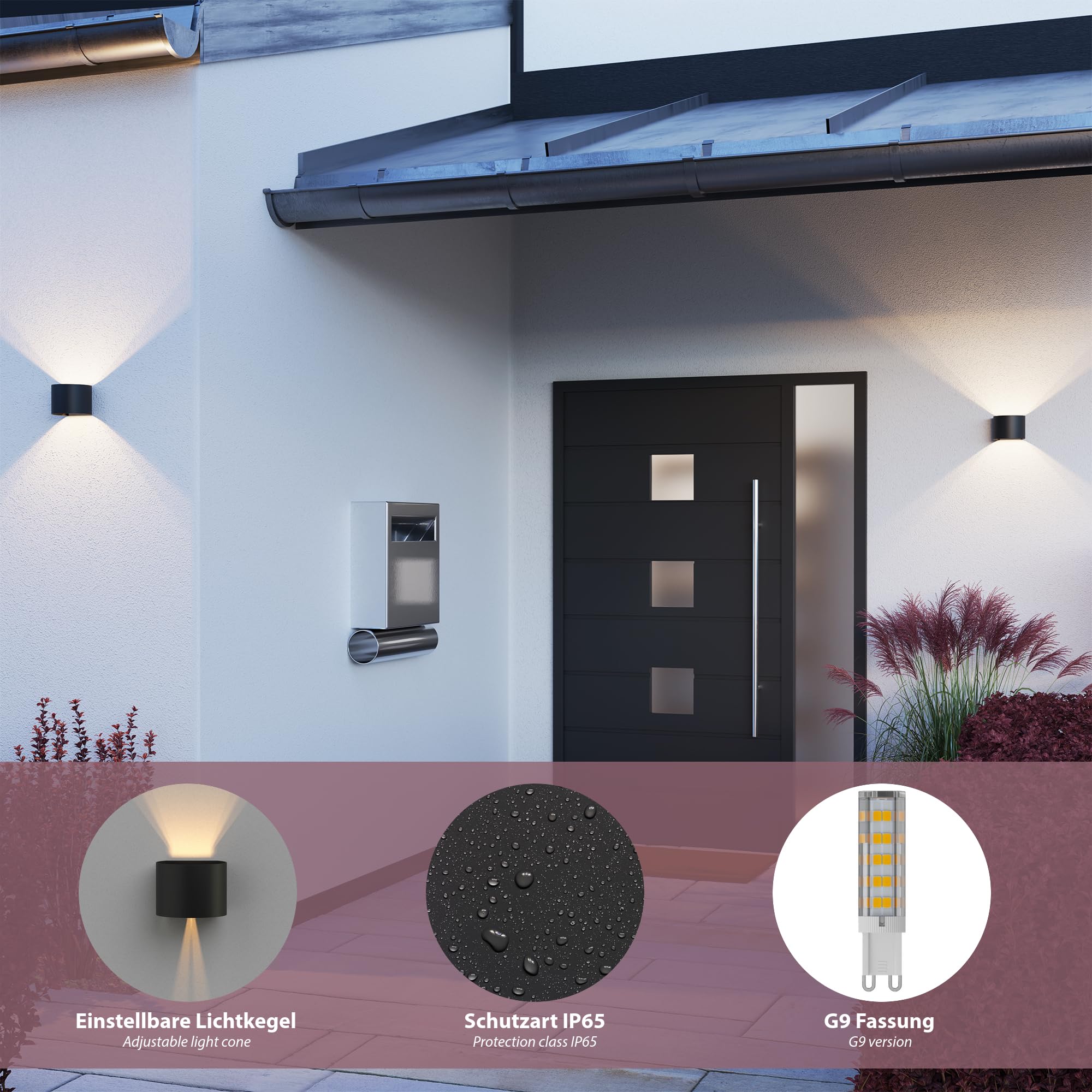 ledscom.de 4x Wandleuchte RUNEL für außen, IP65, Up-/Downlight, schwarz matt, rund, 1x G9 max. 10W