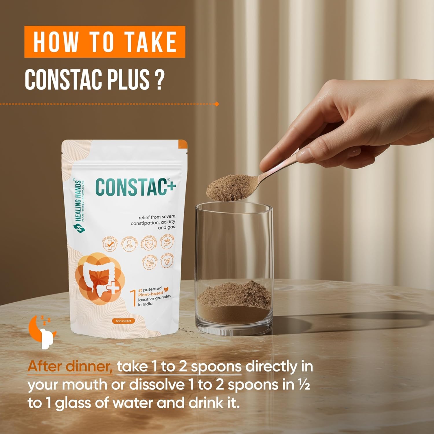 Severe constipation, acidity and gas, plant -based natural constipation solutions, clinically proven, herbal, strong - 500 grams (granules) Healing Hands Constac Plus Hands Hands Constac Plus for relief