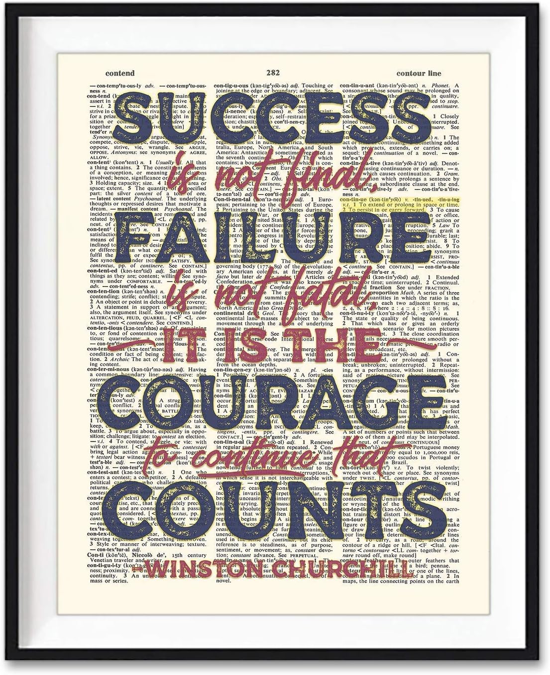 Success Is Not Final, Failure Is Not Fatal, Winston Churchill Inspirational Quote Art Print, Unframed, Vintage Highlighted Dictionary Page, Motivational Wall Art Decor Poster, 8x10 Inches