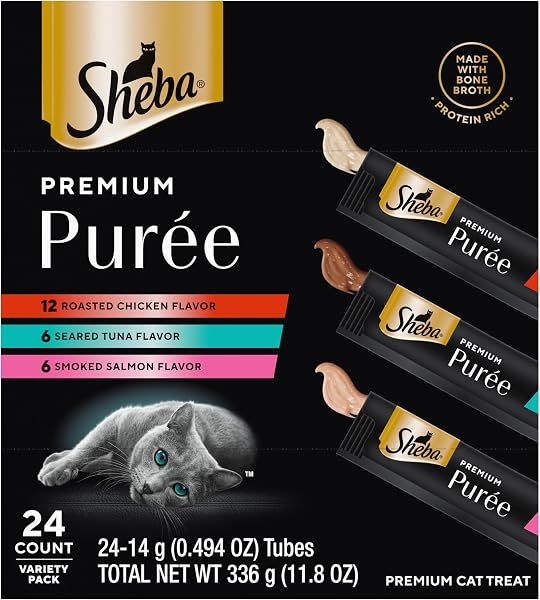 Sheba Premium Puree Cat Treats Lickable Roasted Chicken Flavor, Smoked Salmon Flavor, and Seared Tuna Flavor, 0.49 oz. Tubes, 24 Count - 1
