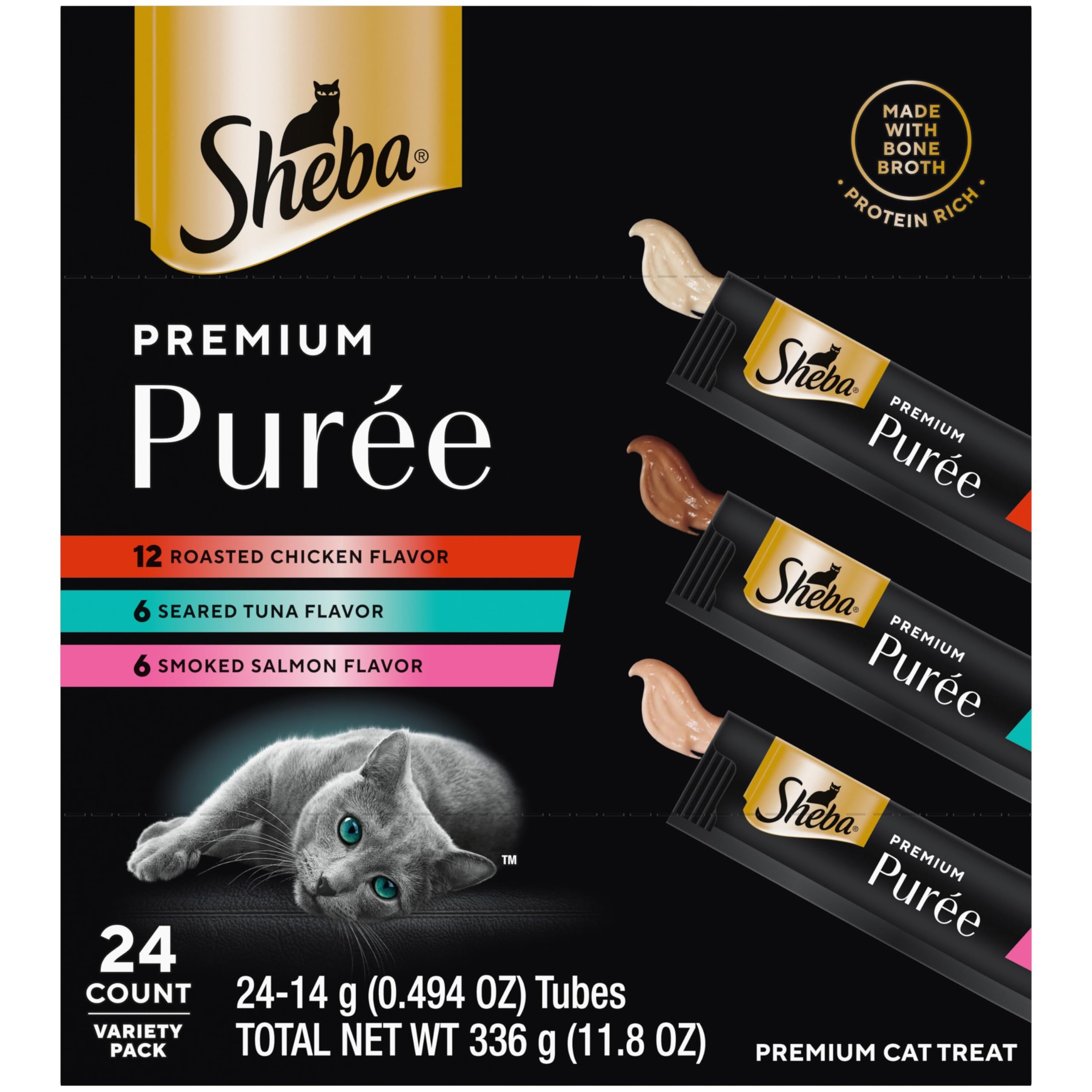 Sheba Premium Puree Cat Treats Lickable Roasted Chicken Flavor, Smoked Salmon Flavor, and Seared Tuna Flavor, 0.49 oz. Tubes, 24 Count - 1
