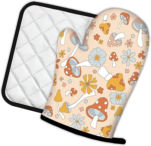 Miniatura 9 de Guantes de cocina abstractos florales para acuarela, guantes de cocina y soportes para ollas de cocina, juego de 2 piezas, almohadilla resistente al