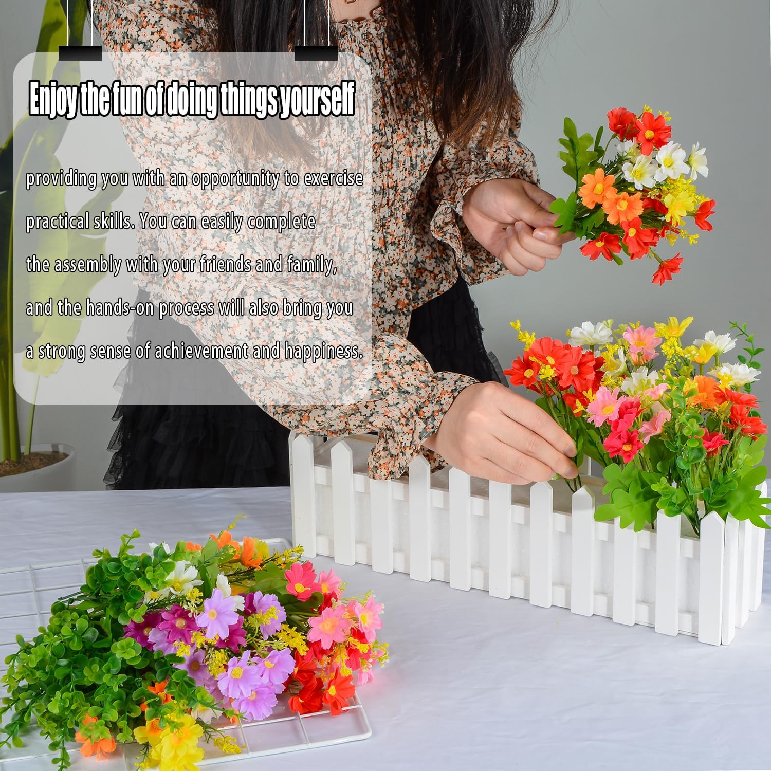 XONOR Artificial Flower Plants - Mixed Color Faux Daisies in Picket Fence Pot for Indoor Office Wedding Home Windowsill Spring Decoration, 2 Sets