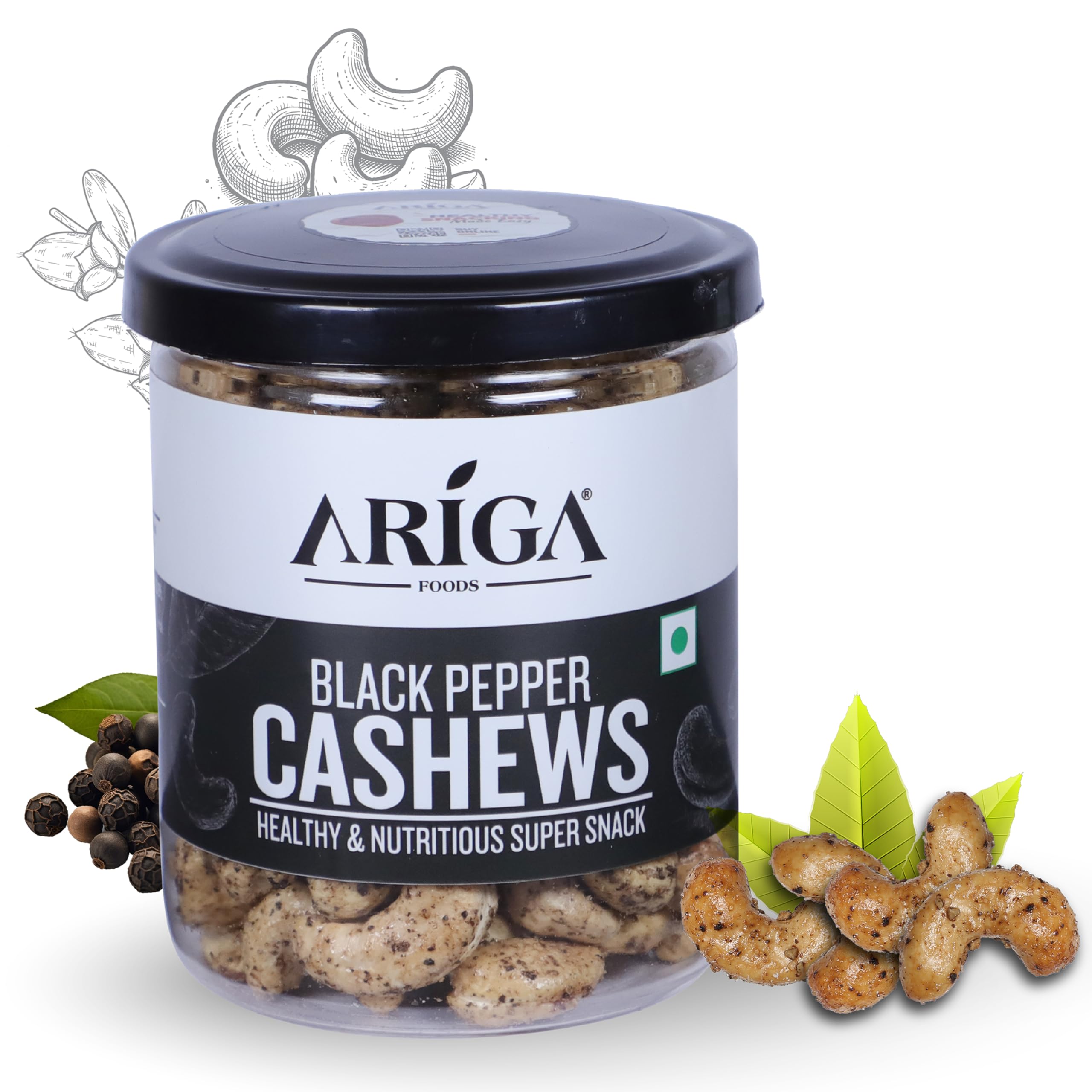Ariga Foods Roasted Cashew Nuts Black Pepper Flavoured Kaju Healthy Dry Fruit| Whole Crunchy Cashew | Premium Kaju nuts | Nutritious & Delicious | Gluten Free | Source of Minerals & Vitamins (Pet Can 200g) (B0B757NRPM) Amazon Price History, Amazon Price Tracker