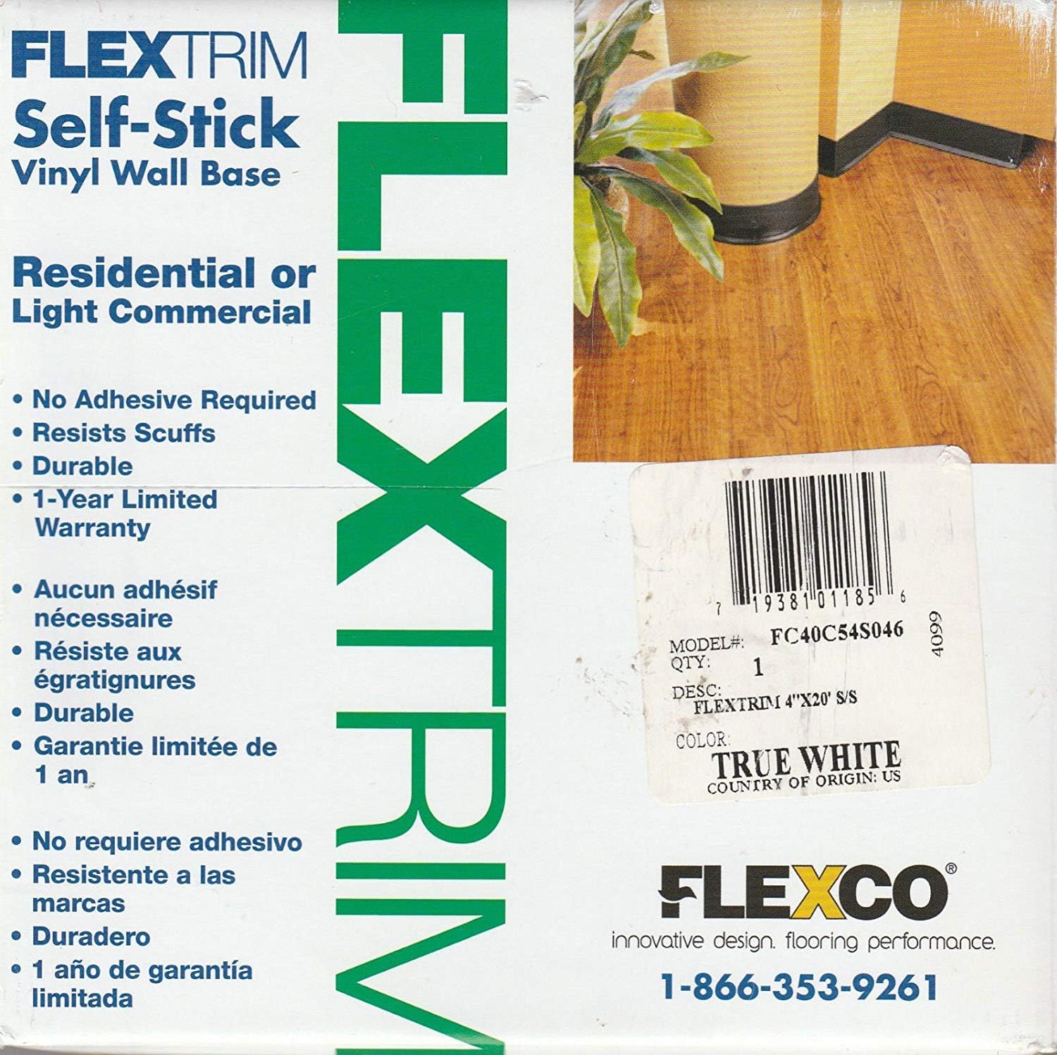 FlexTrim SelfStick Vinyl Wall Base, 4" x20' True White