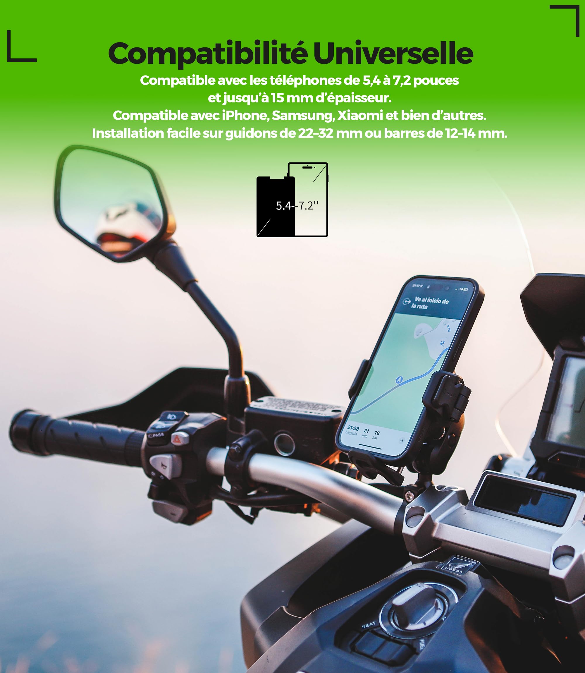 Support Telephone Moto Anti Vibration Anti Vol Trail Adventure Touring Fixation Securisee sur Guidon Bras Aluminium CNC 360° Reglable pour Smartphone 5.4-7.2 Pouces Camera Libre Ultra Stable