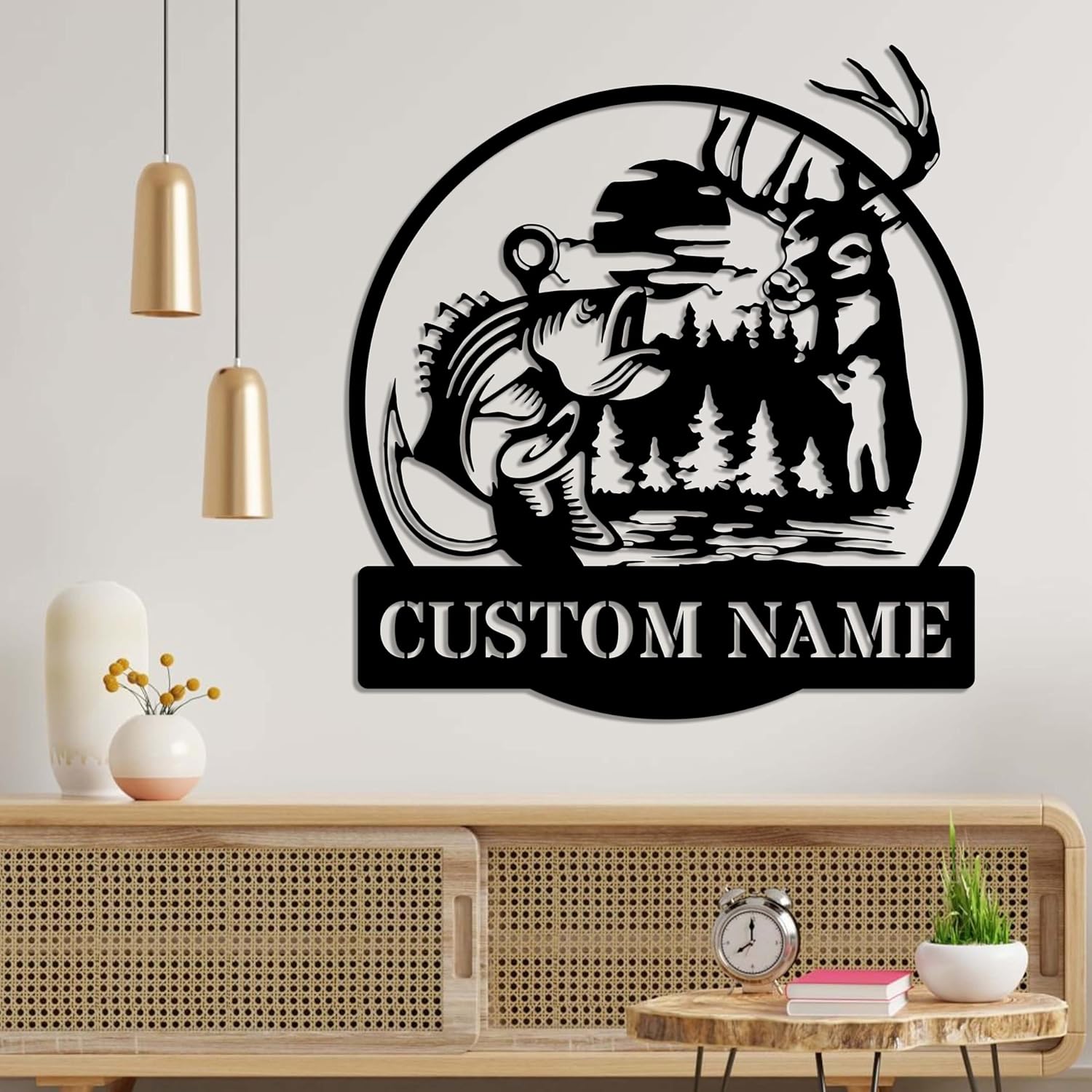 Custom Deer Hunting And Fishing Metal Wall Art Led Light Hunter Name Sign Decoration For Home, Deer Hunting Sign Home Decor Birthday