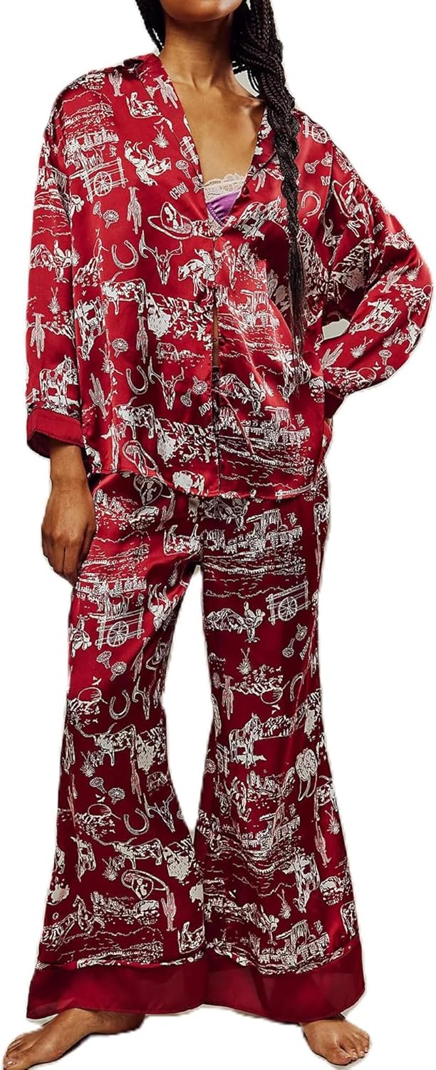 Arssm Women 2 Piece Satin Silk Pajama Set Floral Long Sleeve Pajamas Soft Button Down Pjs Set Sleepwear