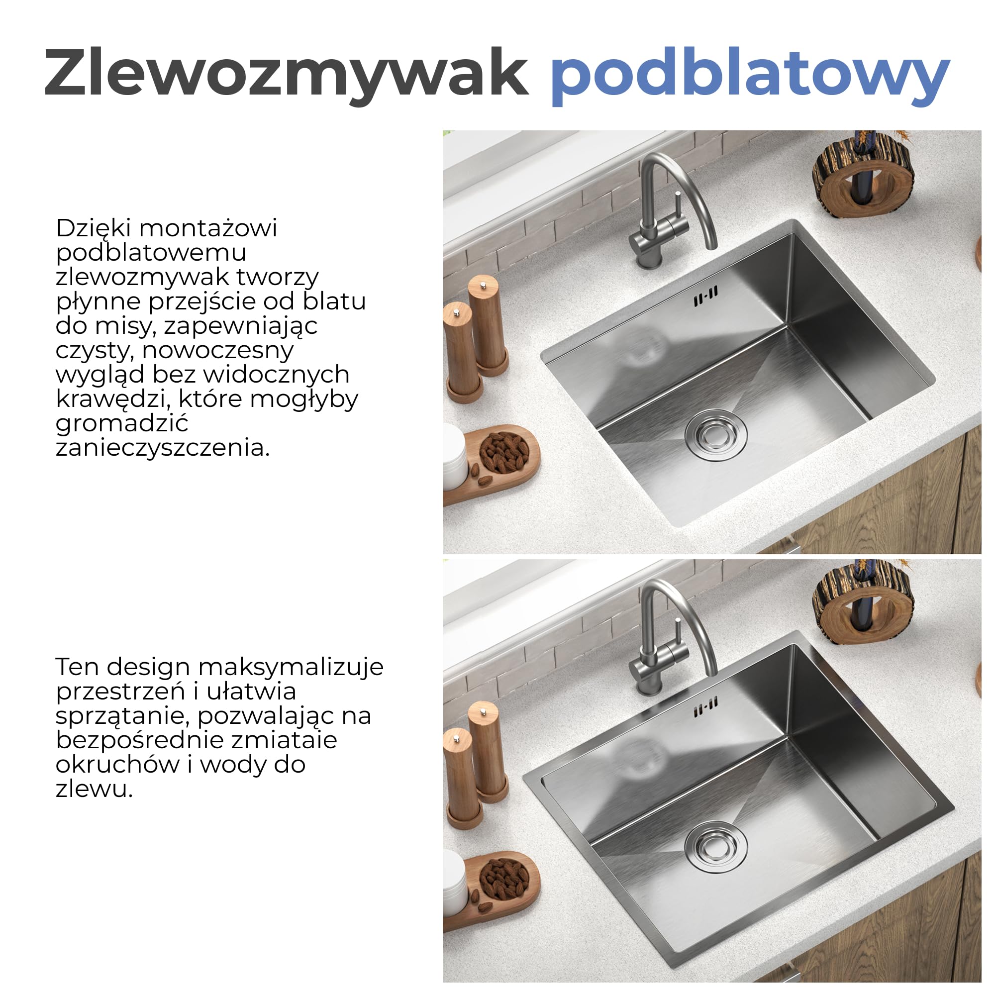 ANW HOME Zlewozmywak Kuchenny 1-komorowy 54x44 cm, Stal Nierdzewna 304 | Wpuszczany/Podblatowy, Powłoka Nano, Grubość 3.0+1 mm, Głębokość 22 cm, Z Syfon