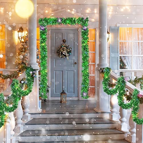 Miniatura 6 de Guirnalda de oropel de Navidad preiluminada de 19.7 pies, guirnalda de oropel metálico verde con luces LED, funciona con pilas, guirnalda de