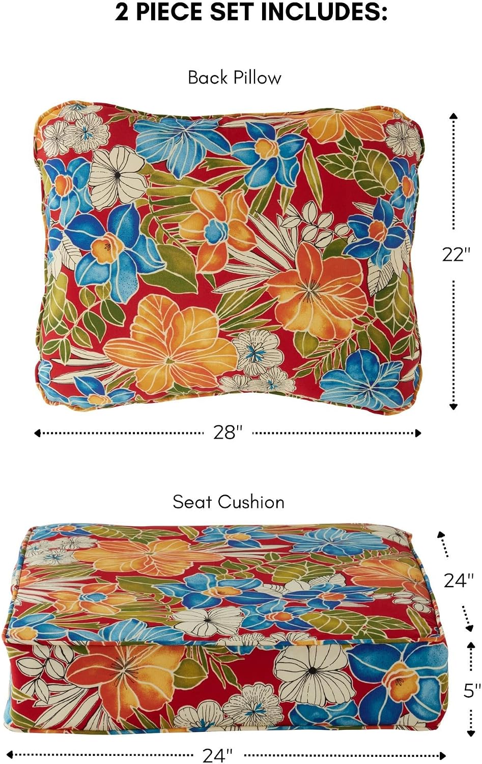 Outdoor Deep Seat Cushion Set 24x24 Seat + 28x22 Back – Plush Fiber Fill Seat, Patio Lounge Replacement Cushion, Corded Trim, Durable Polyester Fabric with Ties, Aloha Red Floral