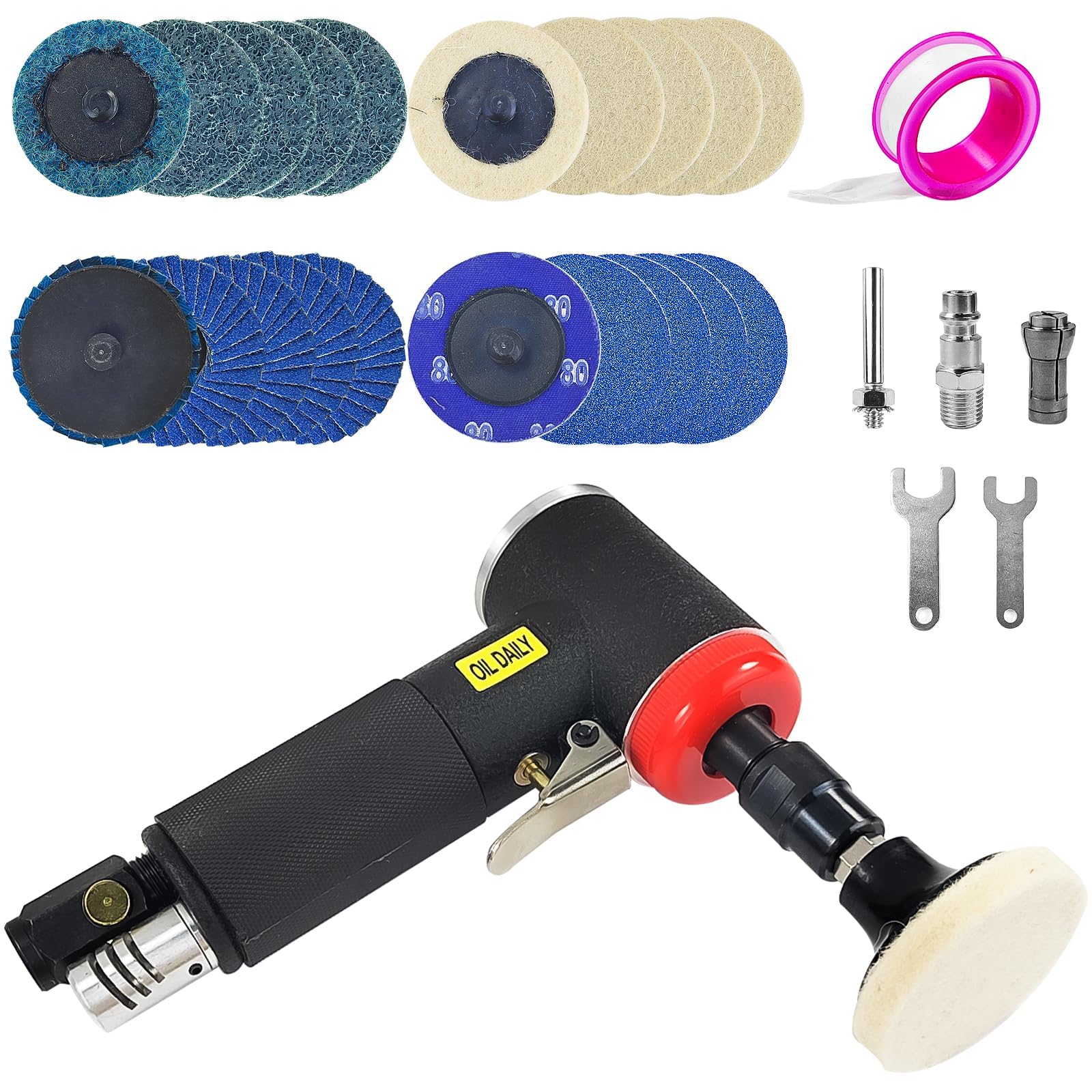 Mini Lucidatrice Auto, Mini Smerigliatrice Angolare Pneumatica con Mandrino a Pinza da 6 mm e 3 mm, Include Carteggiatrice e Mini Levigatrice con Set di 20 Dischi da 2 Pollici a Cambio Rapido