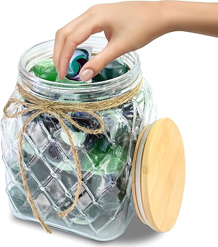 Skywin Contenedor de vidrio para lavandería con diseño de cuerdas y tapa de madera, contenedor de almacenamiento de cápsulas de lavandería para