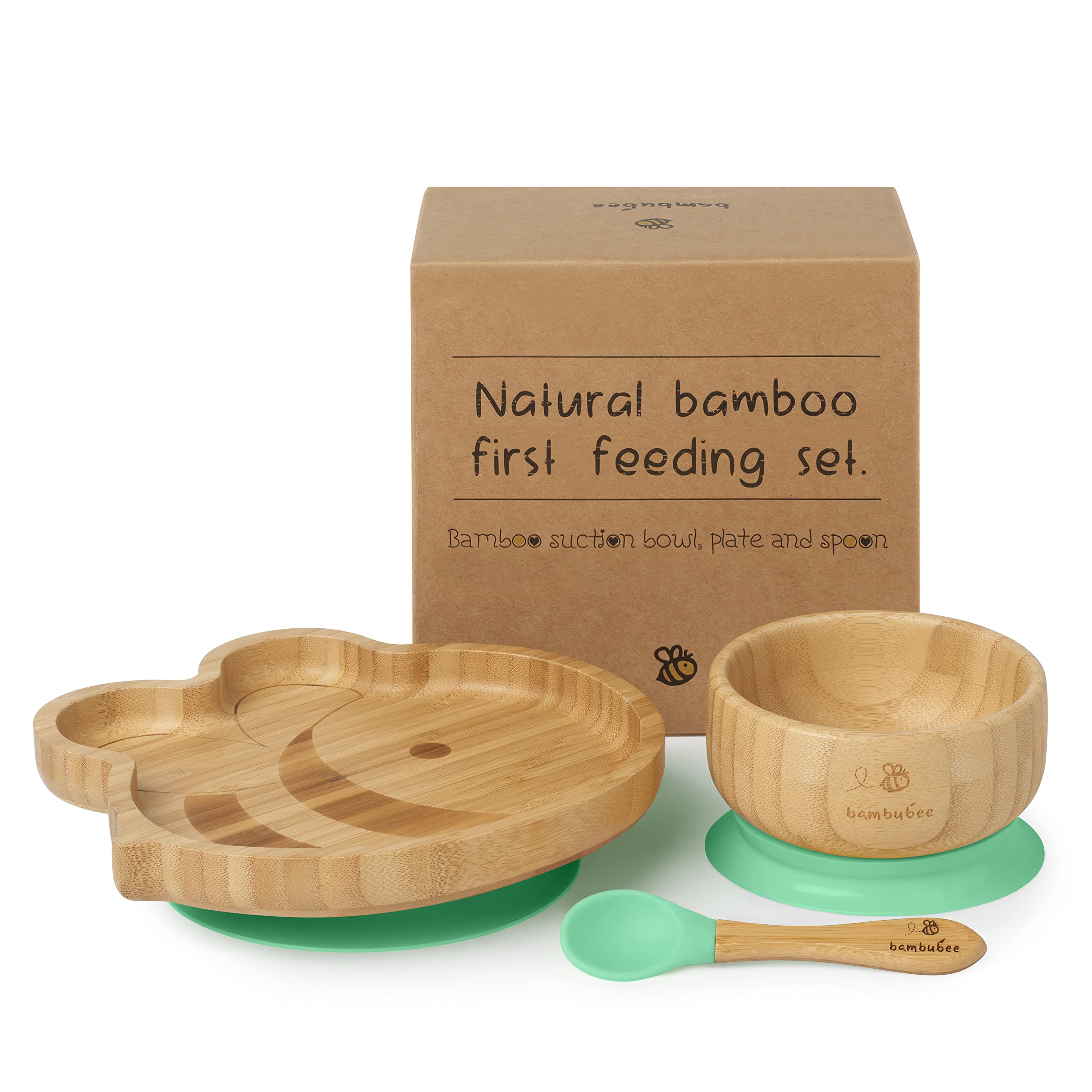 Bambubee Natural Bamboo First Feeding Set - Baby & Toddlers Bamboo Bee Plate, Bowl & Spoon - Stay-Put Suction Set for Child’s First Feeding - Ideal Baby Gift Set for Baby Shower & New Parents
