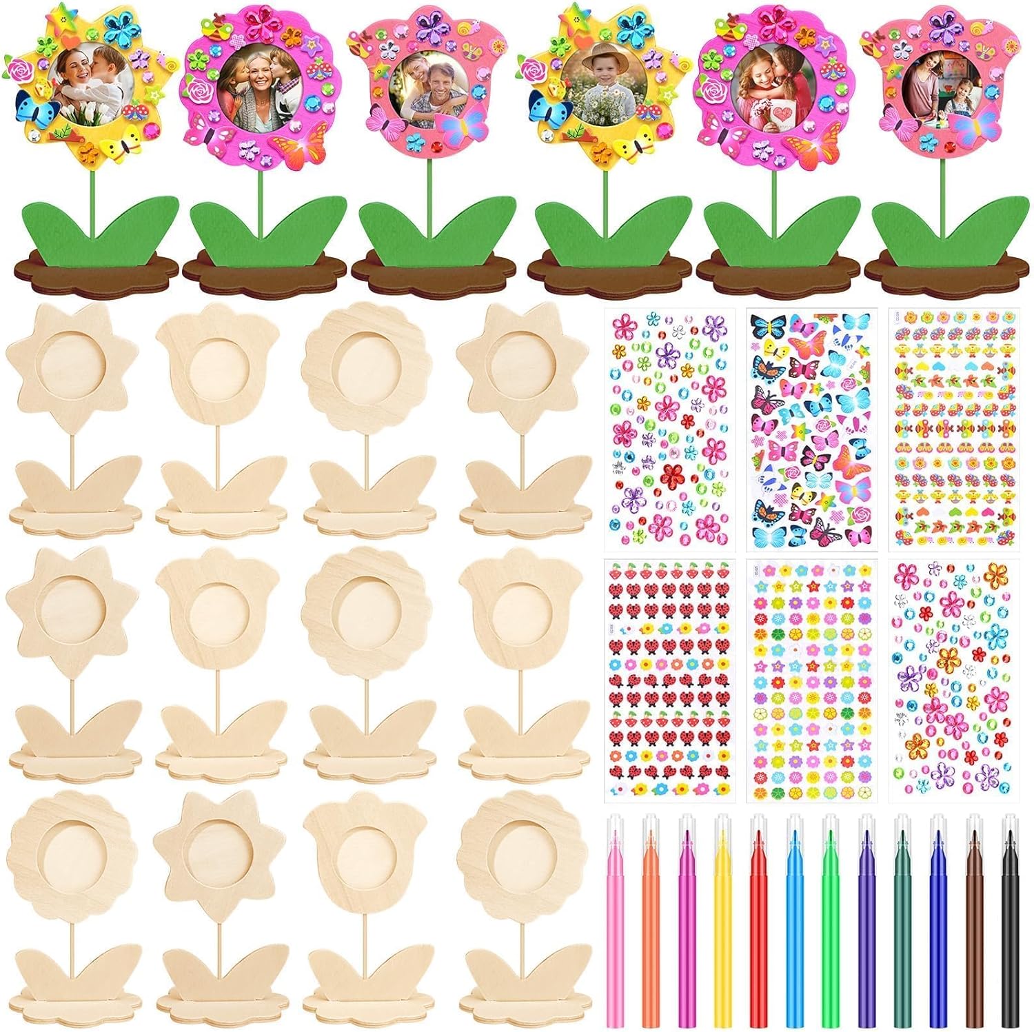 12 Stück DIY Bastelset Kinder,Muttertag Fotorahmen mit Blumen,Muttertag FotorahmenBastelei mit Aquarellstift&Edelsteinaufkleber,Muttertagsgeschenk Holzbasteln fürAktivitäten im Klassenzimmer (Beige)