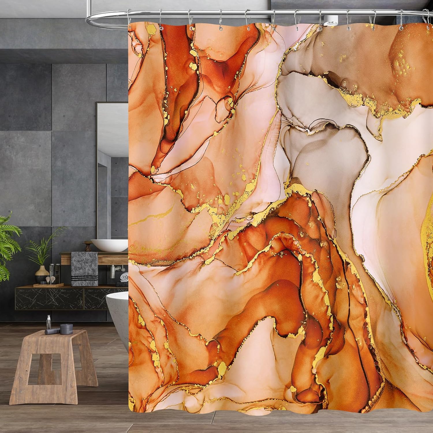 4PCS Burnt Orange Marble Shower Curtain Sets with Rugs, Abstract Bathroom Sets with Shower Curtain Rugs, Luxury Bathroom Curtains Shower Set with Toilet Lid Cover Modern for Bathroom Decor