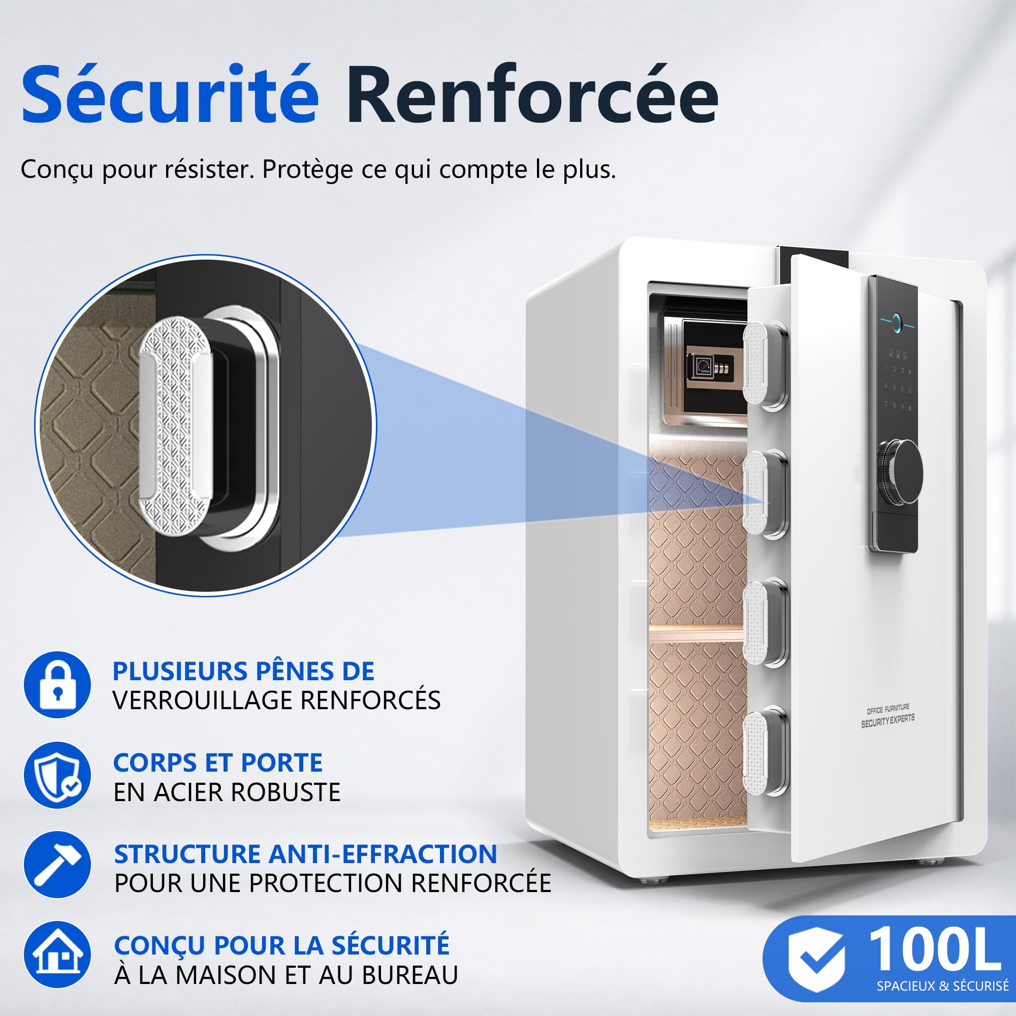 34KG Lourd Coffre Fort en Acier, 100L Coffre-fort Électronique avec Empreinte, Digitale Code et Clé, pour Maison et Bureau, Idéal pour Bijoux, Argent et Documents A4, Notice en Français (Blanc,100L)