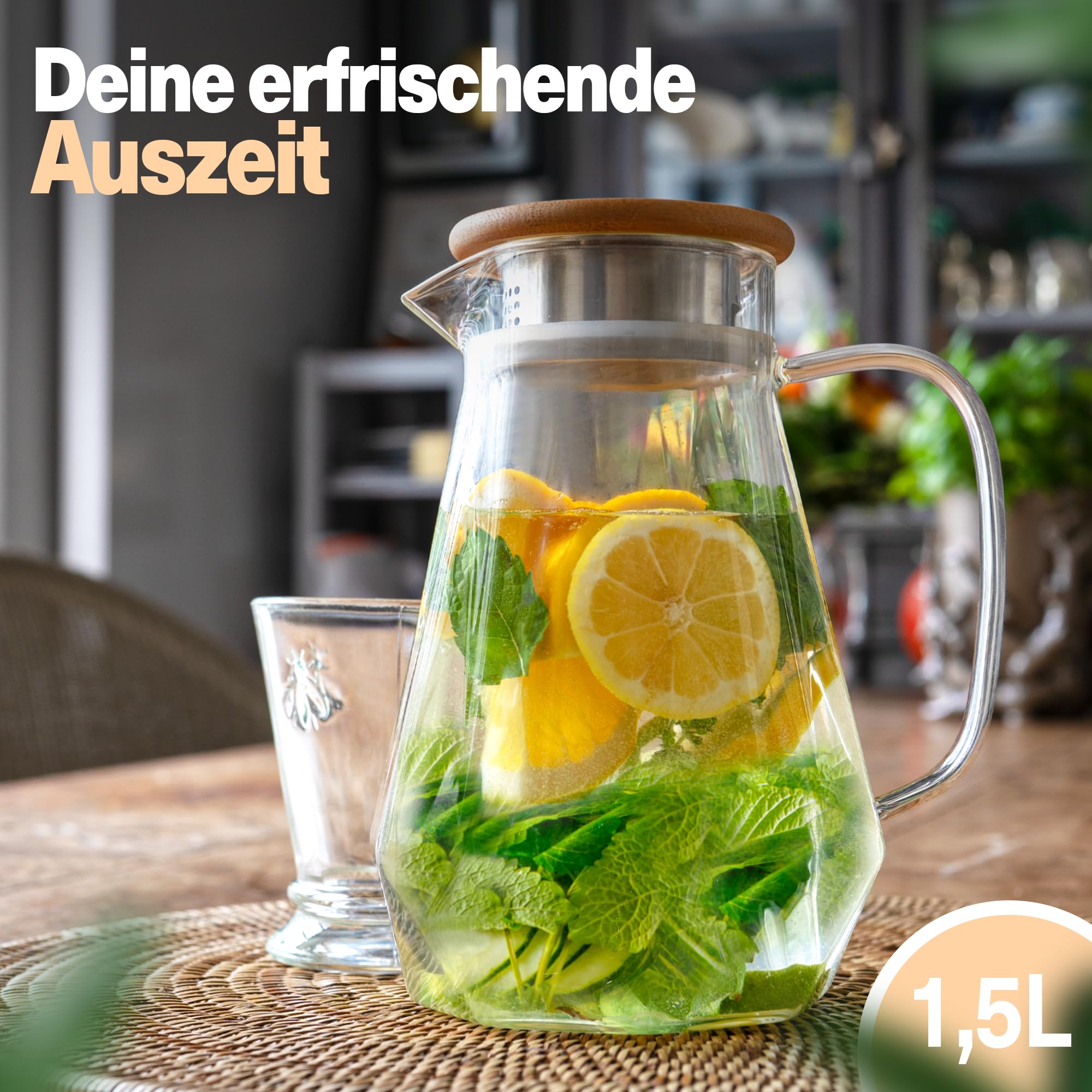 CLIDOR ® - Caraffa in vetro – 1,5 litri (spessore in vetro rinforzato) caraffa per bevande calde e fredde – beccuccio antigoccia – caraffa per acqua – teiera in vetro – robusta caraffa in vetro con