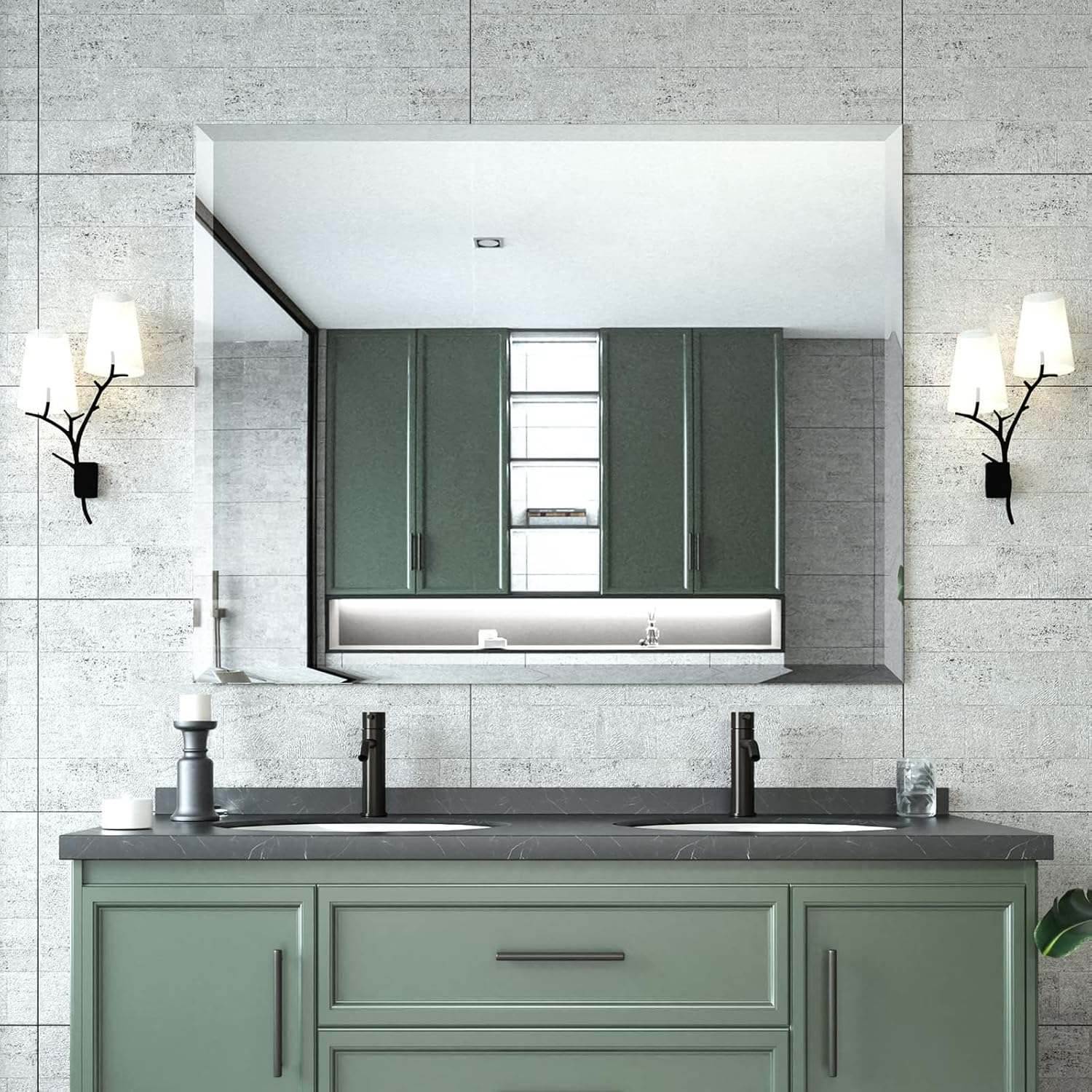 Mirrorons Beveled Mirror, Wall Mirror 40" x 32", Frameless Rectangle Bathroom Vanity Mirror with Beveled Edge, Hangs Horizontally or Vertically. Upgraded Shatterproof Upgraded 32"L x 40"W