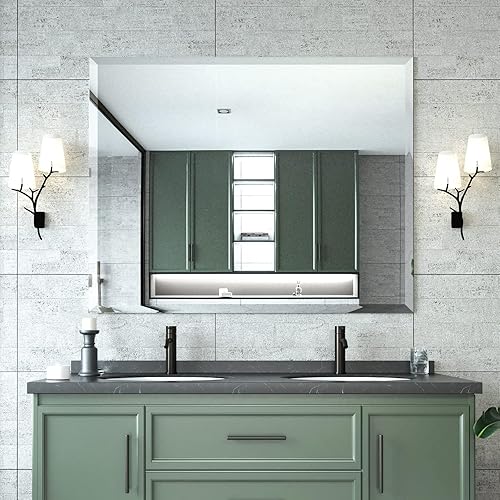 Mirrorons Beveled Mirror, Bathroom Mirrors for Wall 40" x 32", Frameless Rectangle Bathroom Mirror with Beveled Edge, Hangs Horizontally or Vertically, Upgraded Packing
