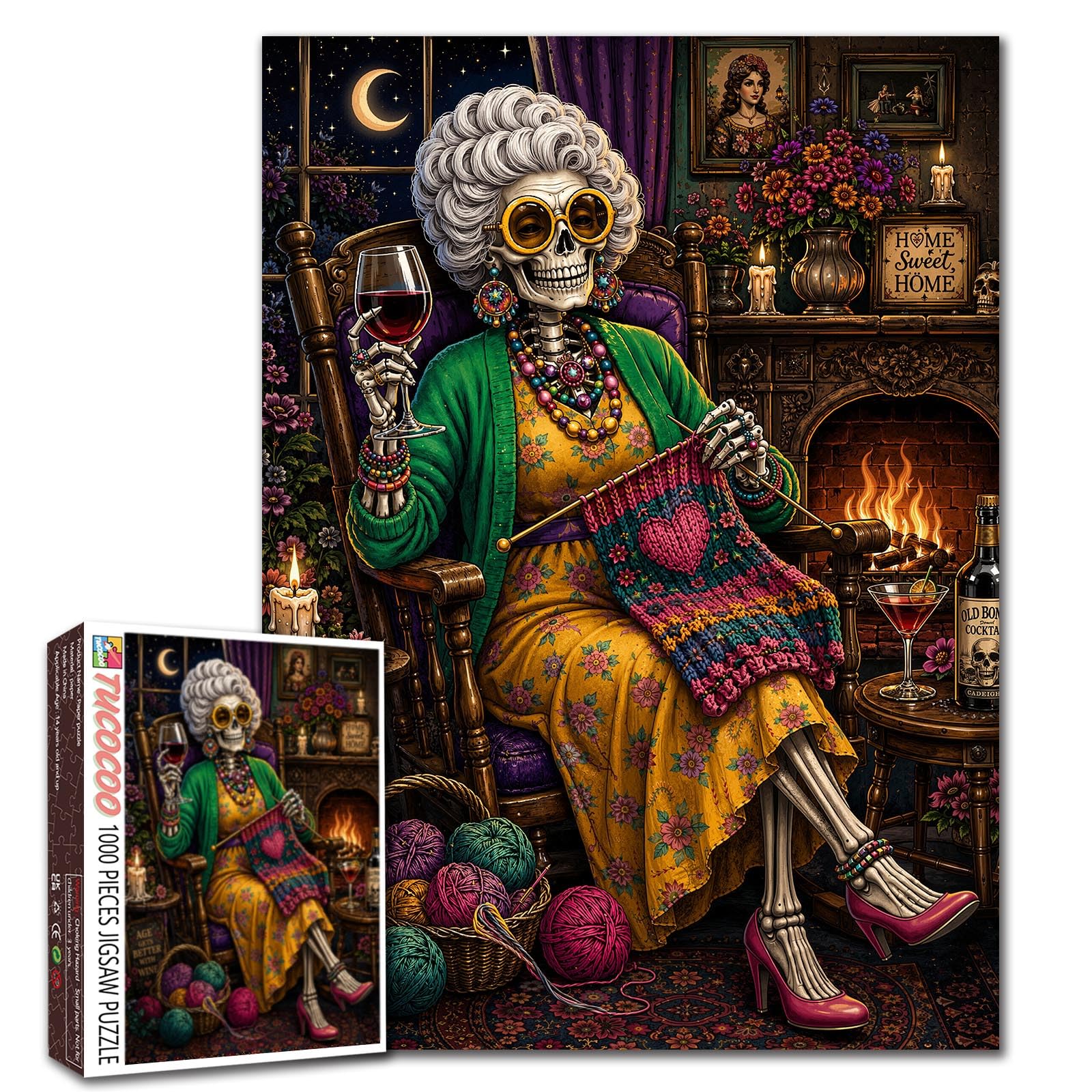 1000 Piece Puzzle for Adults Funny Skeleton Grandma Jigsaw Puzzle Lady Cozy Knitting Gothic Artwork Day of the Dead Style Fun Challenge Puzzles for Women Senior Family Activity Games Gift Home Decor โ image 1