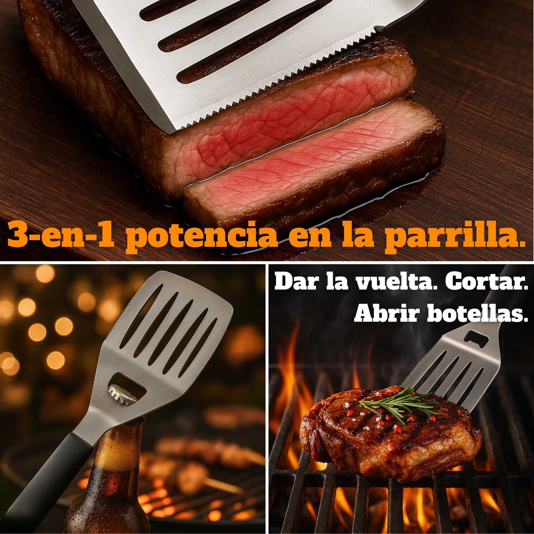 Set de Barbacoa en maletín de Madera - Utensilios Barbacoa Acero Inoxidable | Volteador 3 en 1 con abridor y filo, kit parrillero, regalo para el día del padre y navidad
