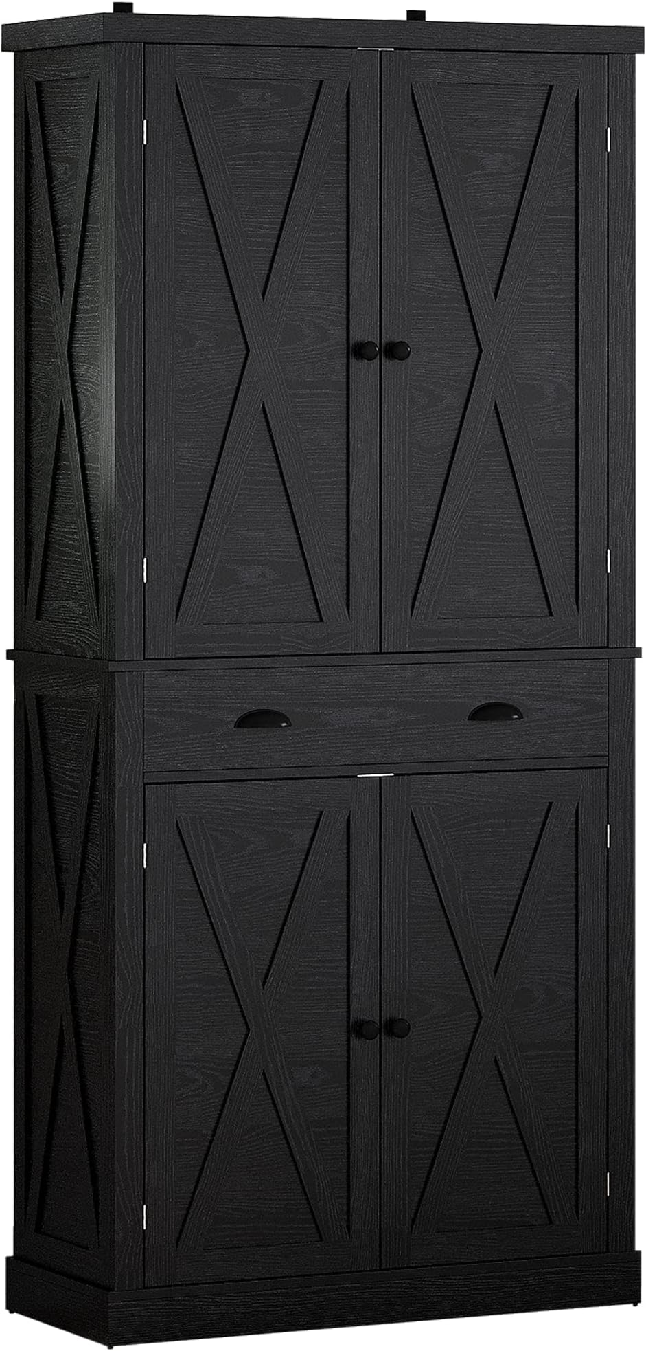 IRONCK Kitchen Pantry Storage Cabinet 72.6" H, with Barn Doors, Drawer, 4 Adjustable Shelves, Freestanding Cupboard for Dining Room Living Room, Laundry, Black