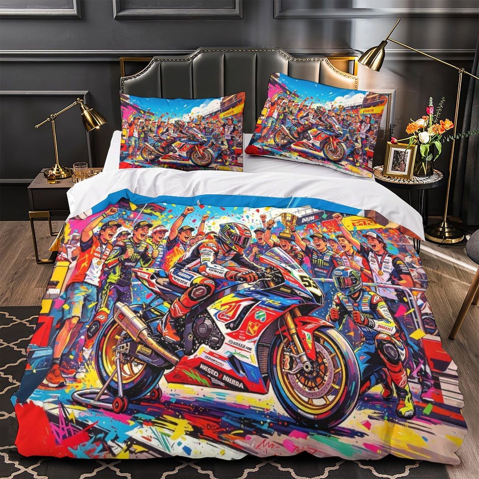 DAFUfbw Lovingly Championship Moment Comforter Cover Single（140x200cm）, Motorcycle Race Duvet Cover with Pillowcases, Soft Microfiber Motorcycle Race Quilt Cover for Boys & Girls