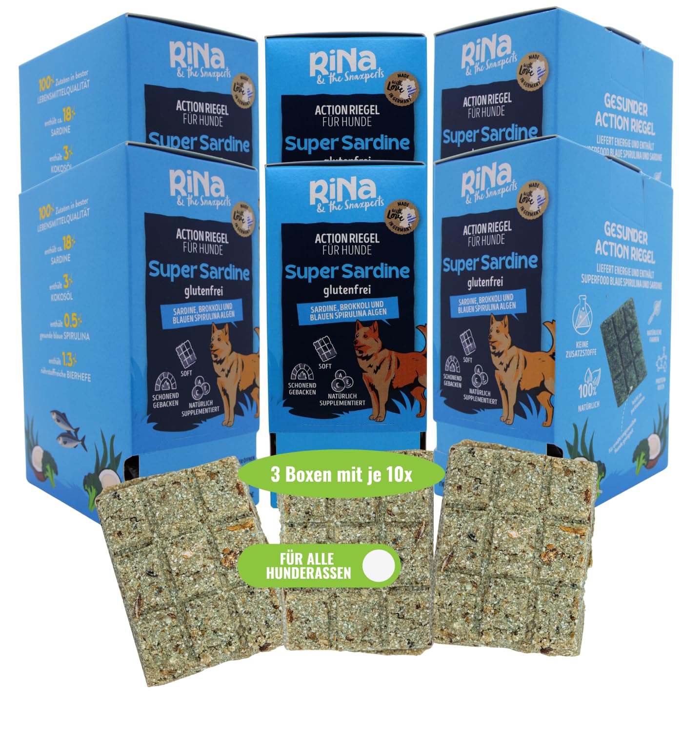 Fisch Leckerli Hundekuchen Riegelbox 6x300g mit Sardine, Brokkoli, Spirulina, Kokosöl & Bierhefe - Proteinreich, glutenfrei & ofengebacken - Für Fell, Haut & Immunsystem von RiNa leckerer Snack Hunde