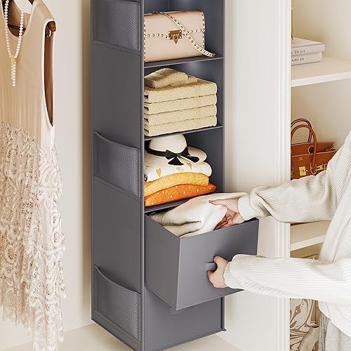 Miniatura 5 de YOUDENOVA Organizador colgante de armario, estantes colgantes de armario de 5 niveles con cajones y 6 bolsillos laterales, color gris