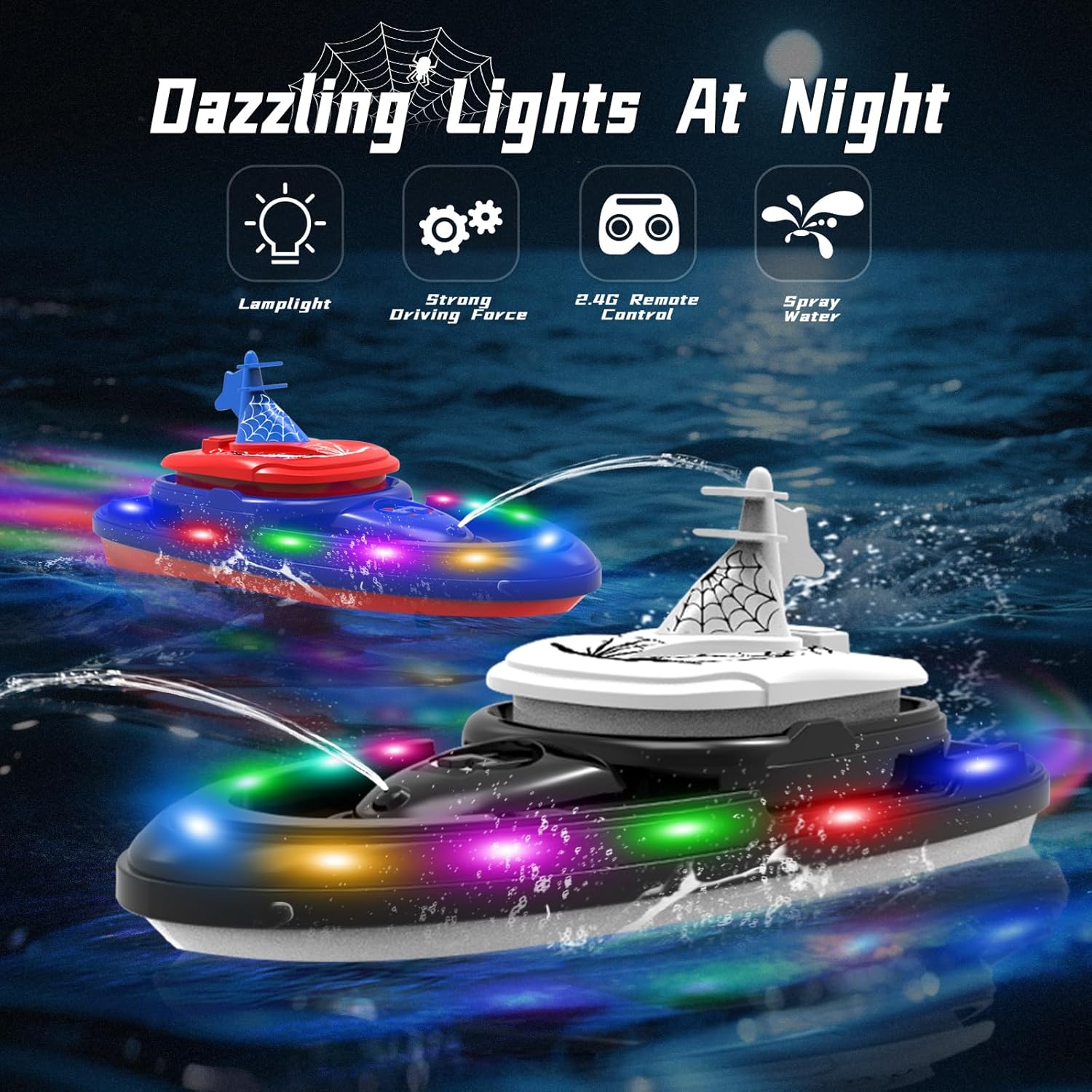 RC Battle Boat 2-Pack with Water Spray, Remote Control Boat Toys Dual Combat Modes, LED Lights - for Pools, Lakes, Outdoor Fun - Gift for Boys, Kids, Adults