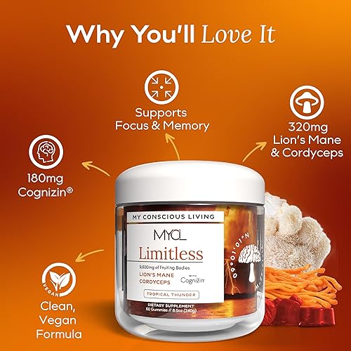 Miniatura 6 de MYCL Limitless - Gomitas de hongos  320 mg de melena de león y Cordyceps cuerpo fructífero + 180 mg de Citicolina Cognizin  Enfoque, claridad mental