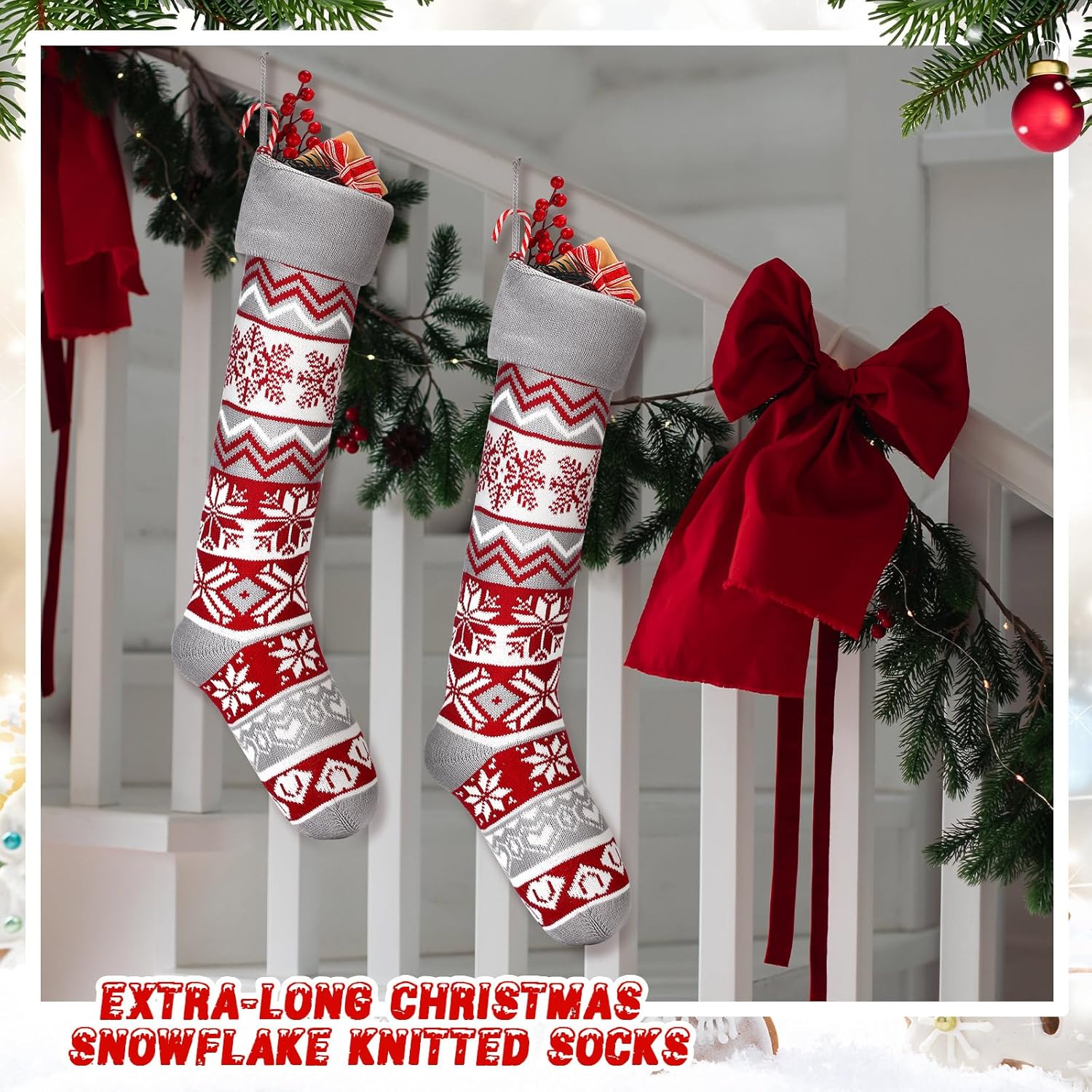 2 Pack Vintage Large Christmas Stockings Extra Long 25.6 Inch Knitted Red Grey White Winter Snowflakes Stocking Rustic Farmhouse Christmas Socks for Family Holiday Xmas Tree Fireplace Decor
