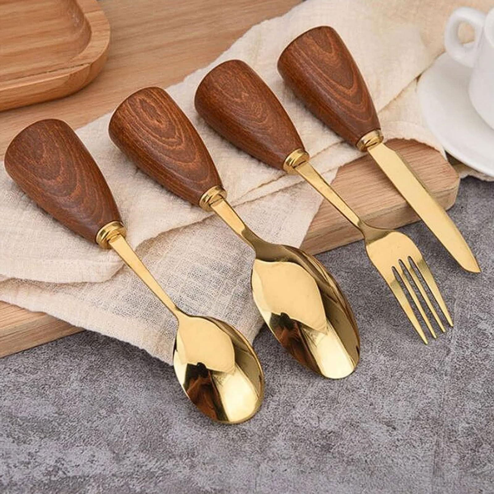 Juego de cubiertos chapados en oro con mango madera 4 piezas, vajilla occidental acero inoxidable for cena, tenedor, cuchara, cuchillo