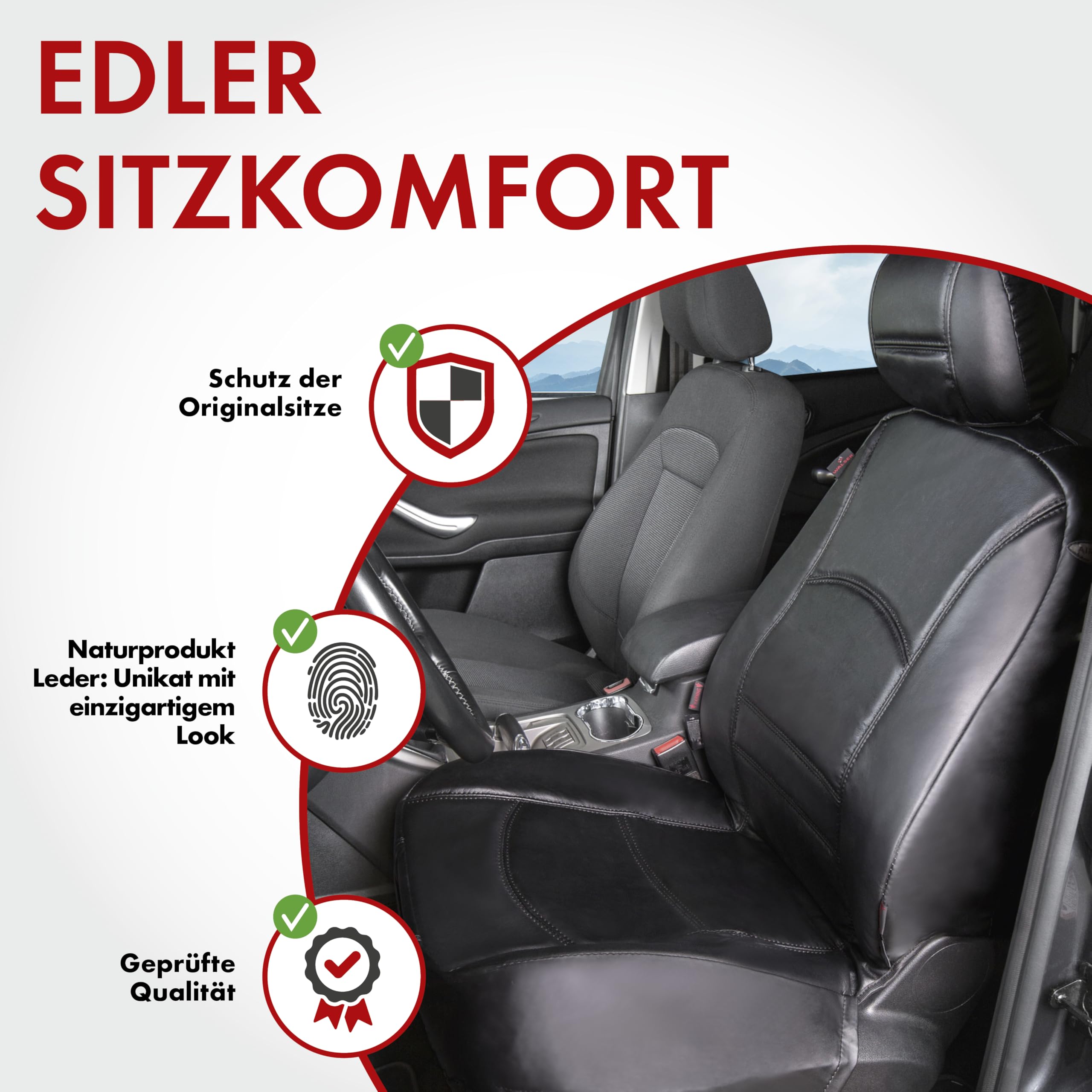 WALSER Autositzbezug Ranger, Leder-Sitzbezug Universalgröße, Autositzschoner-Echtleder, Autoschonbezug Fahrersitz/Beifahrersitz schwarz