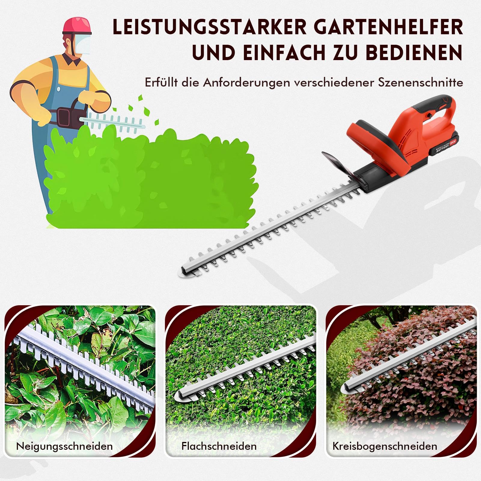 Akku Heckenschere 500W – 51cm Schnittlänge, 16mm Zahnabstand | Schneidet 2cm Äste leise & sauber | leistungsstarker bürstenloser Motor | Inkl. 2X 21V Akku & Ladegerät für Sträucher & Hecken