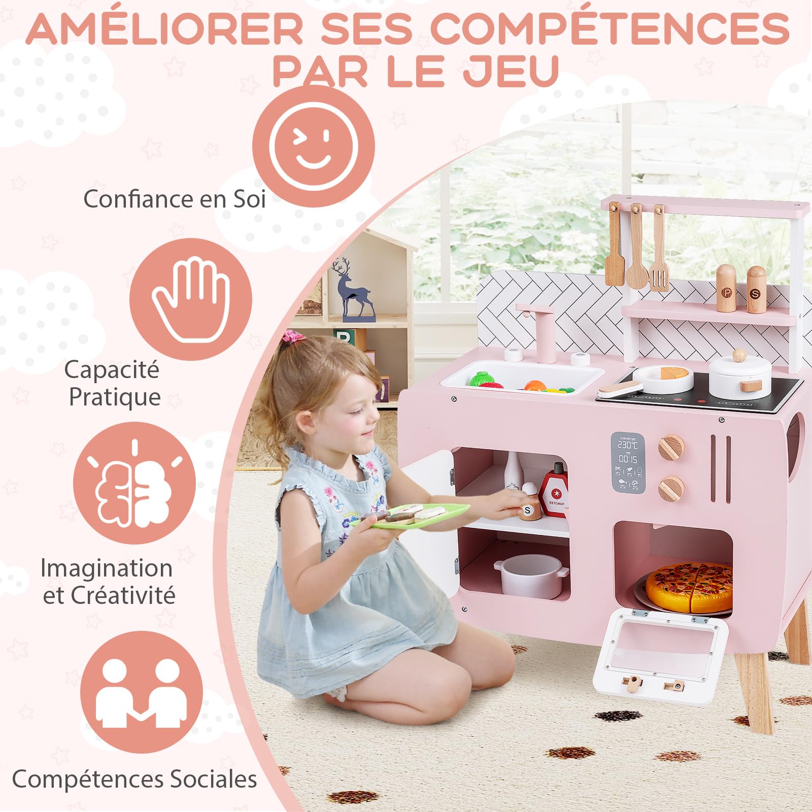 GOPLUS Cuisine Enfant, Cuisine en Bois Enfant avec Four, Cuisinière, Évier, Robinet et Ustensiles de Jeu, Jouet Montessori avec Armoire & Étagère, pour Garçons Filles 3+ Ans