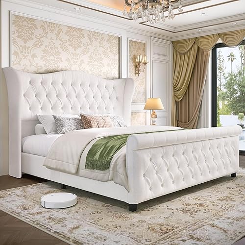 King Size Platform Bed Frame-Upholstered Bed Modern-Sleigh Bed with Tall Headboard Footboard-Platform Chenille Bed Luxury-Button Tufted-Sturdy Wood Slats Support-Cream