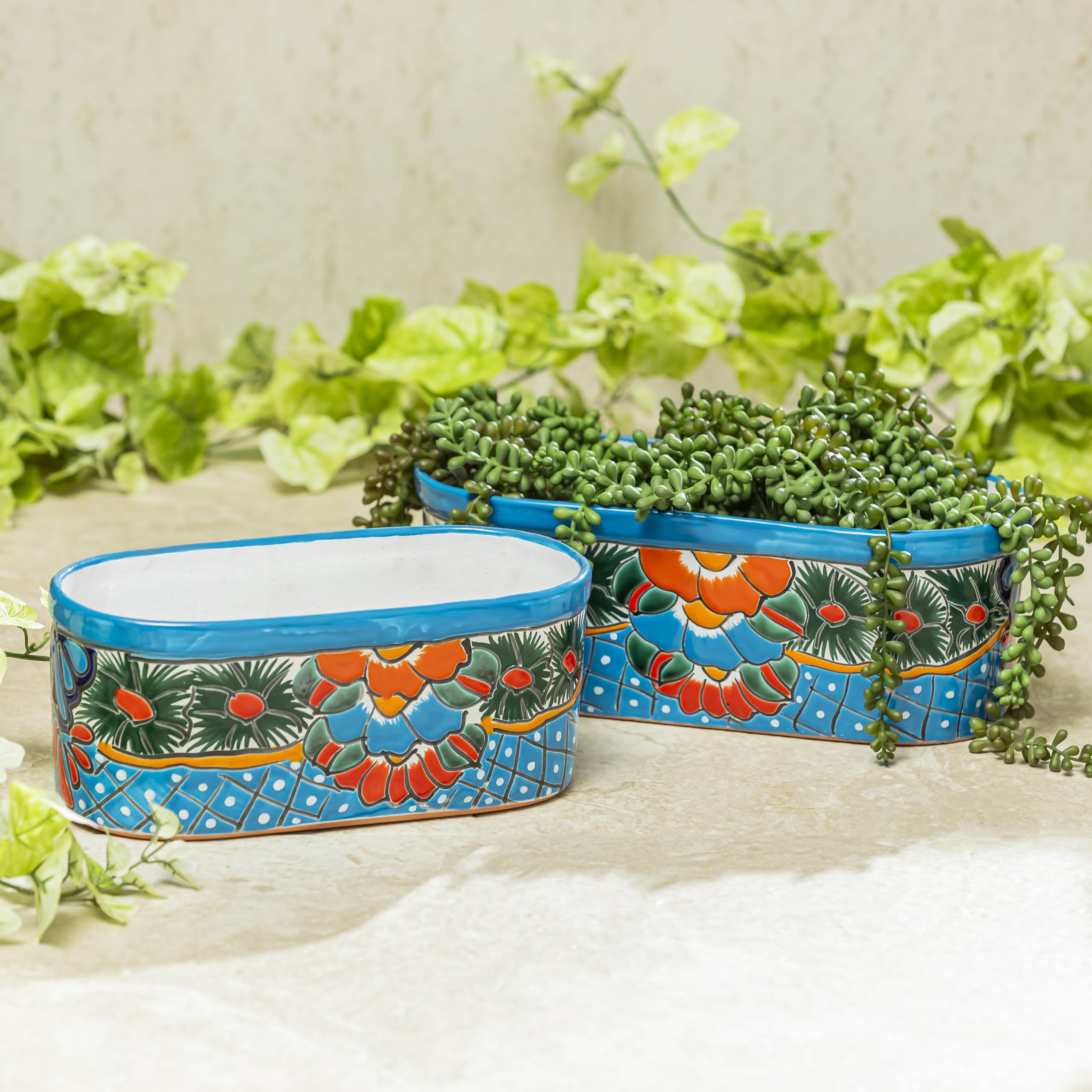 Decoracion Jardin Mexicana Maceta Talavera Mexicana 10 Pulgadas - Cerámica  Pintada A Mano, Diseño Fresa Azul Cielo Maceta Interior Exterior, image size:2560x2560