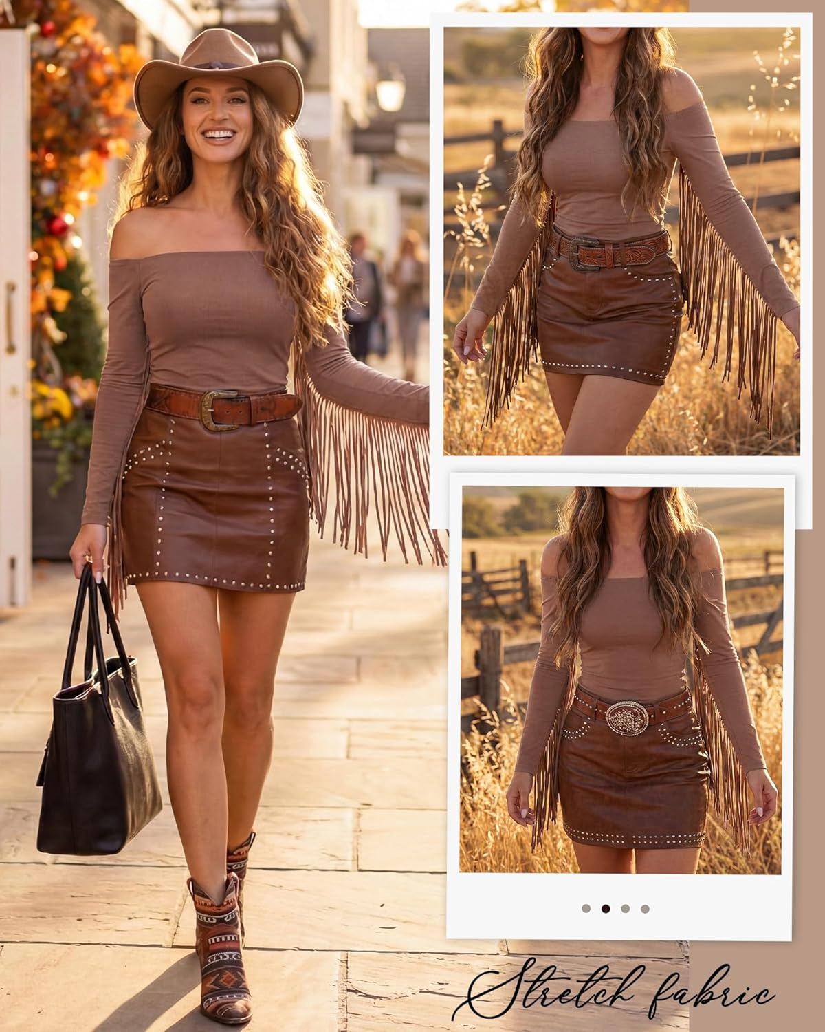 Women Fringe Top Western Off Shoulder Cowgirl Shirt Fitted Long Sleeve Tassels Top Country Concert Festival Outfit - Image 6