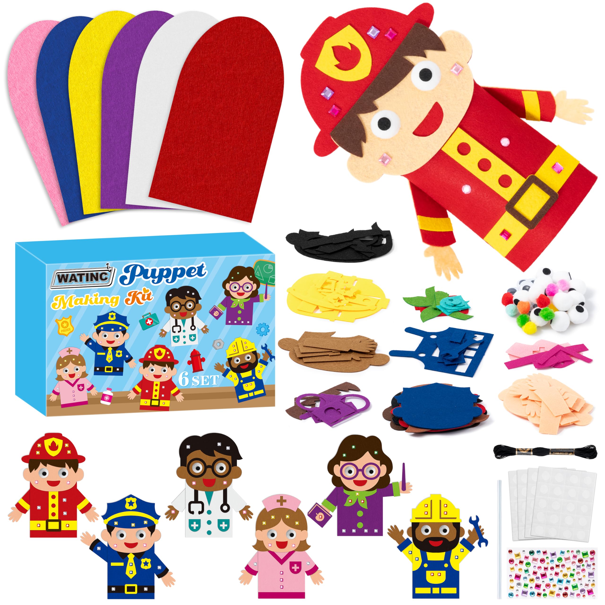 WATINC 6Pcs Hand Puppet Making Kit, Art Craft Felt Sock Puppet Toys