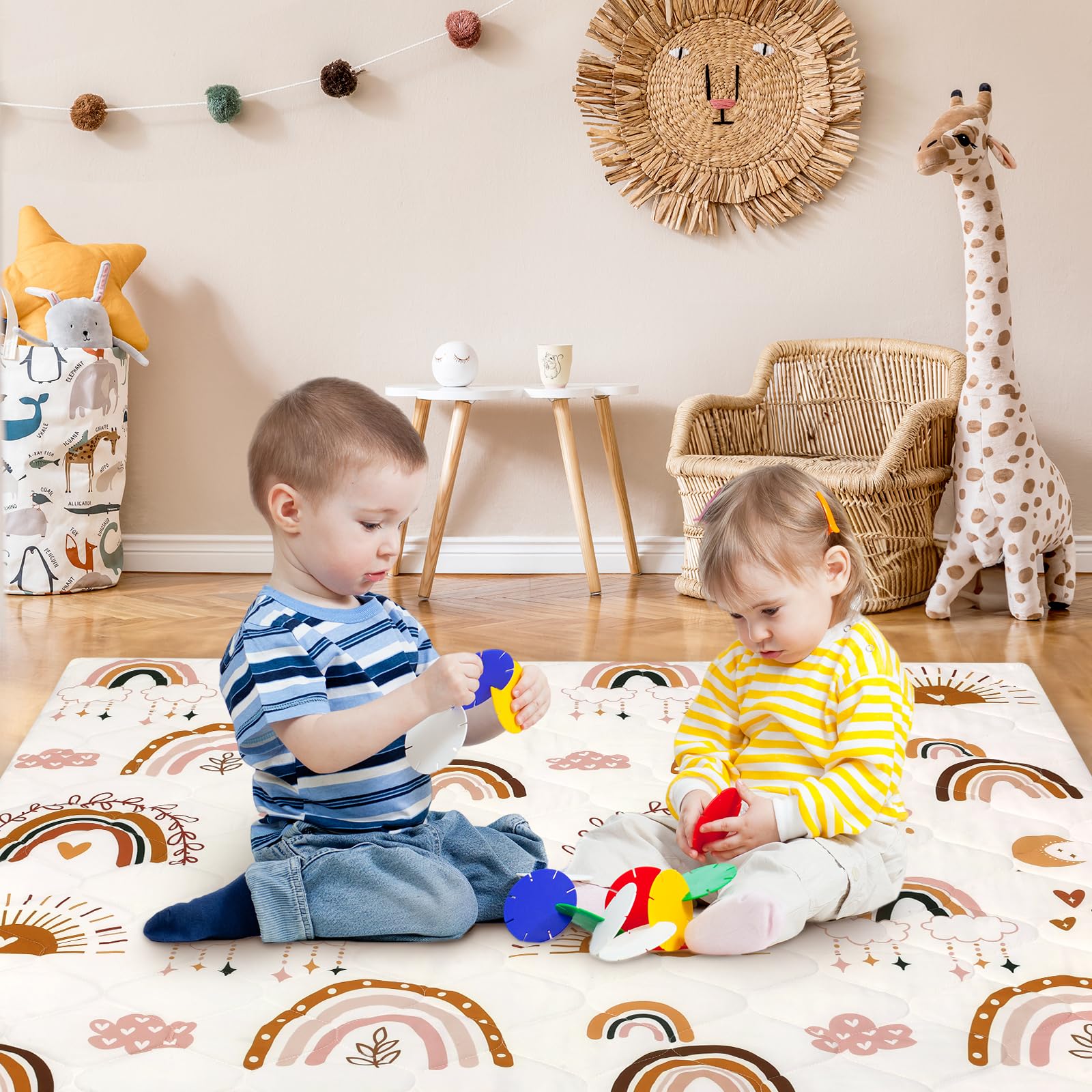 Tapis de Jeux Bebe Amovible Pliable, Épaissi 2cm Tapis d'eveil Bebe 127×127cm, Lavable en Machine, Antidérapant Tapis sol Bebe Tapis Chambre Enfant Adapté à Intérieur/Extérieur/Clôture (Arc-en-ciel)