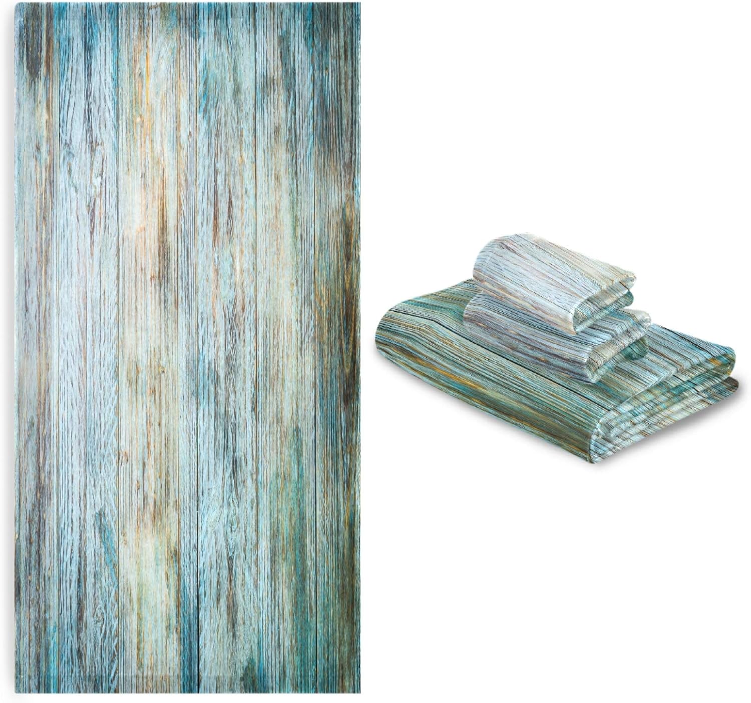 ALAZA Towel Bathroom Sets, Teal Green Brown Wood Towels 3-Piece 1 Bath Towel 1 Washcloth 1 Hand Towel, Bath Towel Set of 3 Soft Multifuntion for Home Kitchen