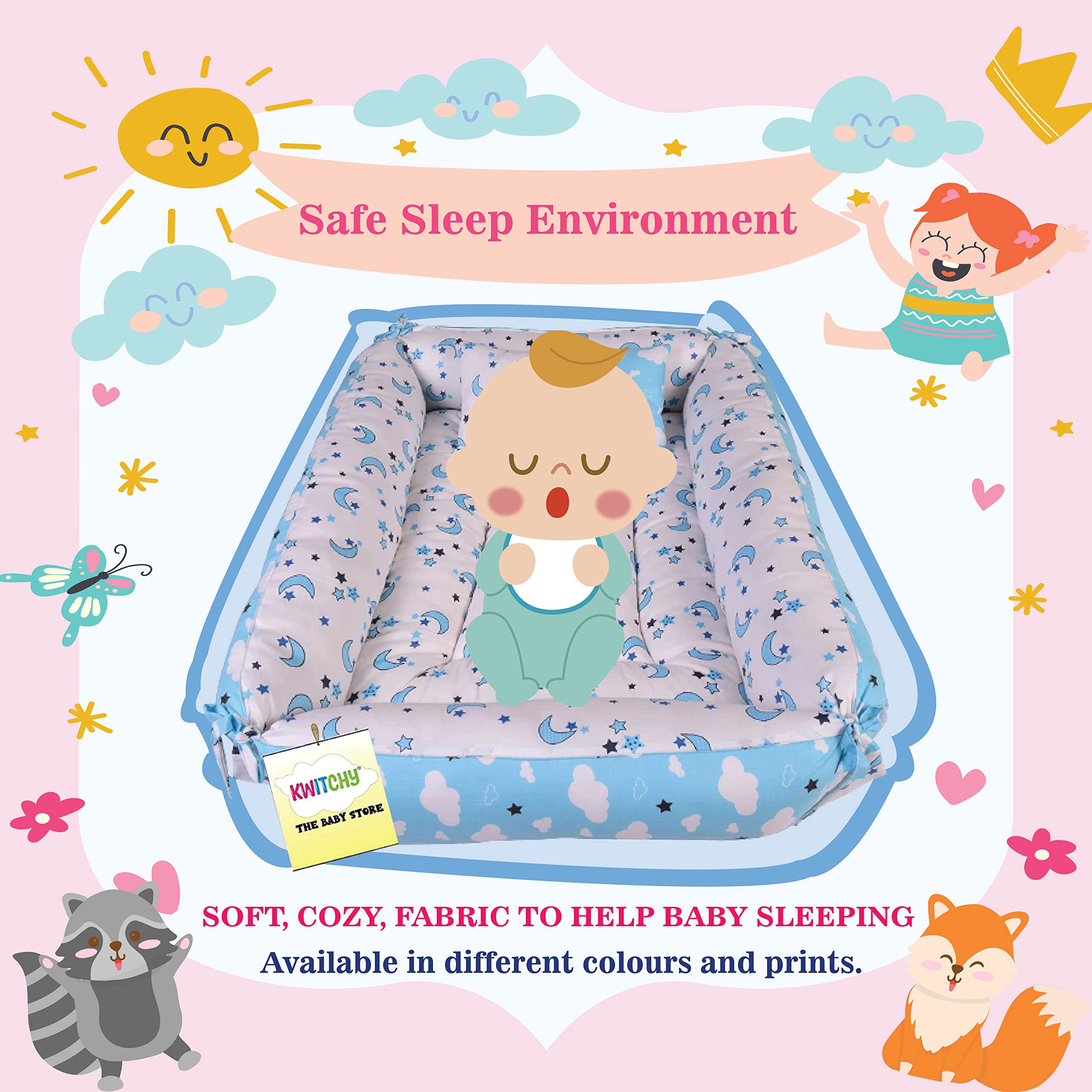 Kwitchy Baby Bed Bedding Set for New Born | Bed Mattress | Mosquito Net | Cotton | Travel Bed | Lounger | Essentials | Toddlers Infants | Gadda Set (0-12 Months) Blue