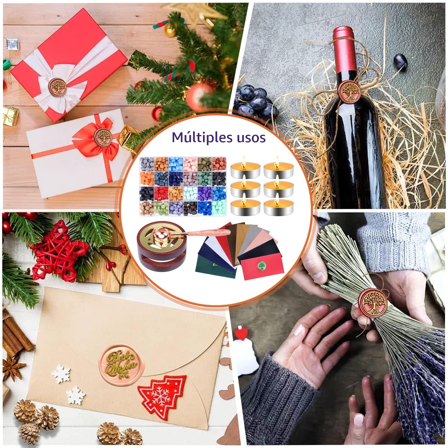 Aottom Kit de Sello de Cera, 650 Piezas Con 2 Sellos y Cuchara de Fundir, Para Invitaciones de Boda, Tarjetas, Navidad, Sobres, Papel de Regalo - 24 Colores